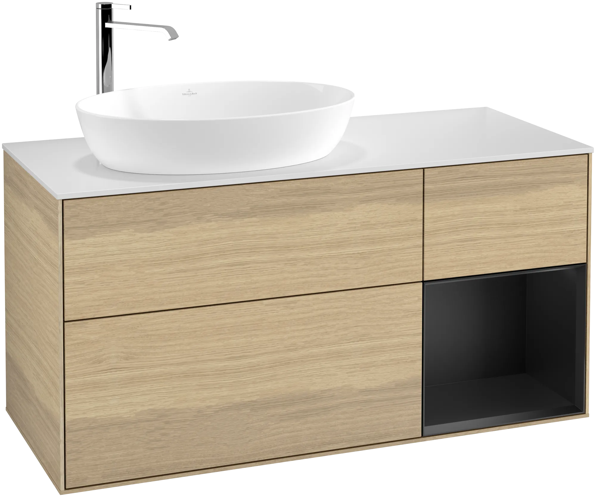 Bild von VILLEROY BOCH Finion Waschbeckenunterschrank, mit Beleuchtung, 3 Auszüge, 1200 x 603 x 501 mm, Oak Veneer / Black Matt Lacquer / Glass White Matt #G931PDPC