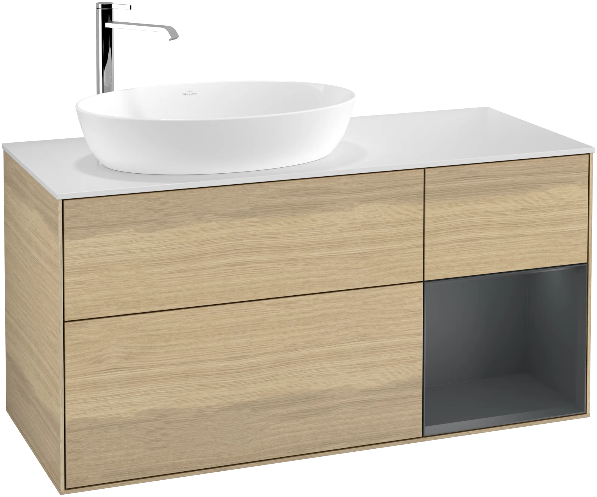 Bild von VILLEROY BOCH Finion Waschbeckenunterschrank, mit Beleuchtung, 3 Auszüge, 1200 x 603 x 501 mm, Oak Veneer / Midnight Blue Matt Lacquer / Glass White Matt #G931HGPC