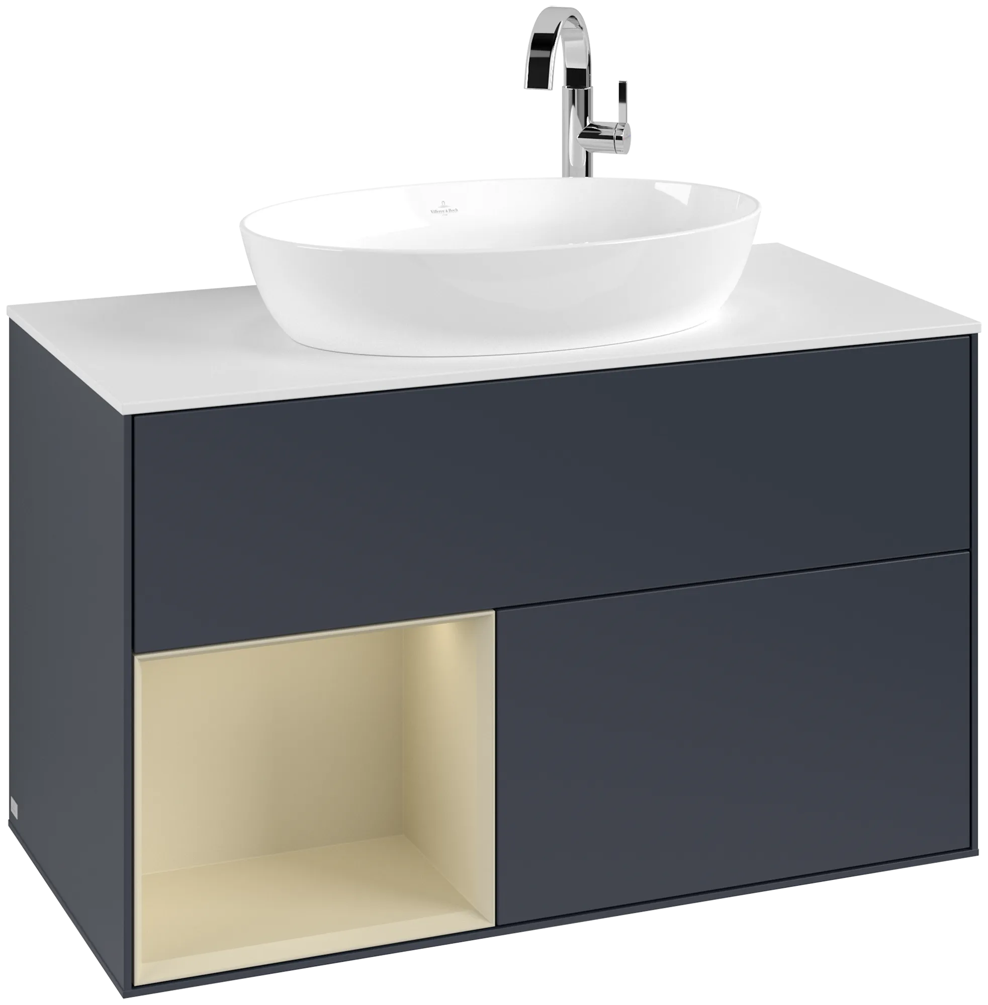 Obrázek VILLEROY BOCH Finion Vanity unit, with lighting, 2 pull-out compartments, 1000 x 603 x 501 mm, Midnight Blue Matt Lacquer / Silk Grey Matt Lacquer / Glass White Matt #G891HJHG