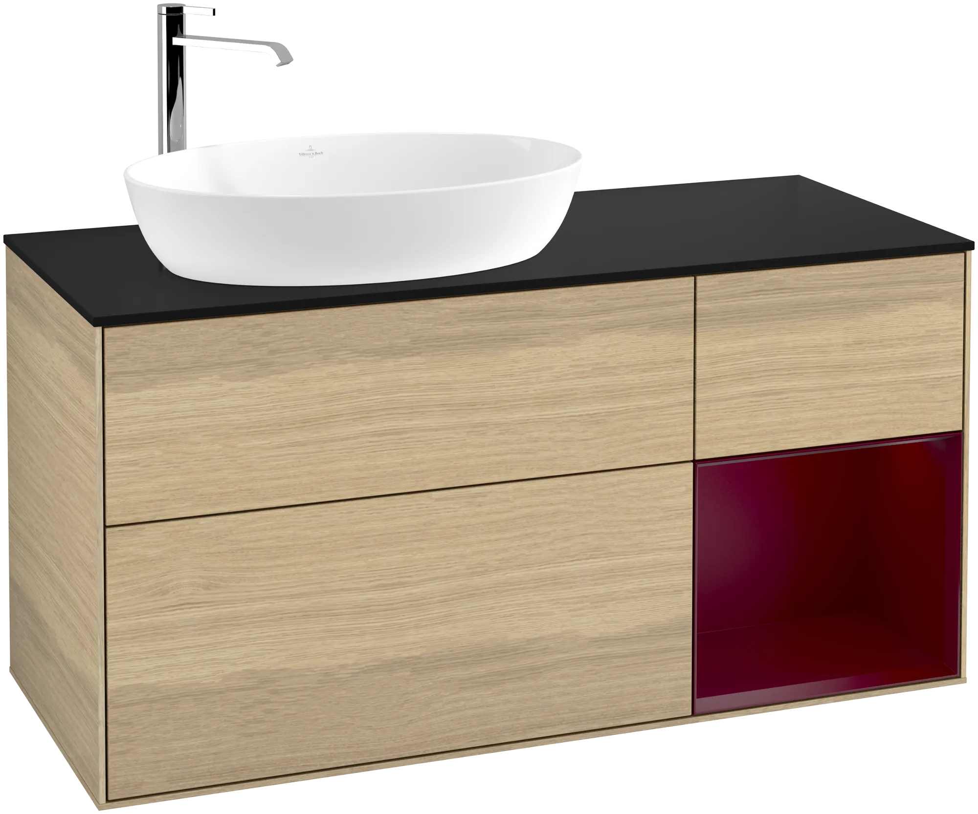 Bild von VILLEROY BOCH Finion Waschbeckenunterschrank, mit Beleuchtung, 3 Auszüge, 1200 x 603 x 501 mm, Oak Veneer / Peony Matt Lacquer / Glass Black Matt #G932HBPC