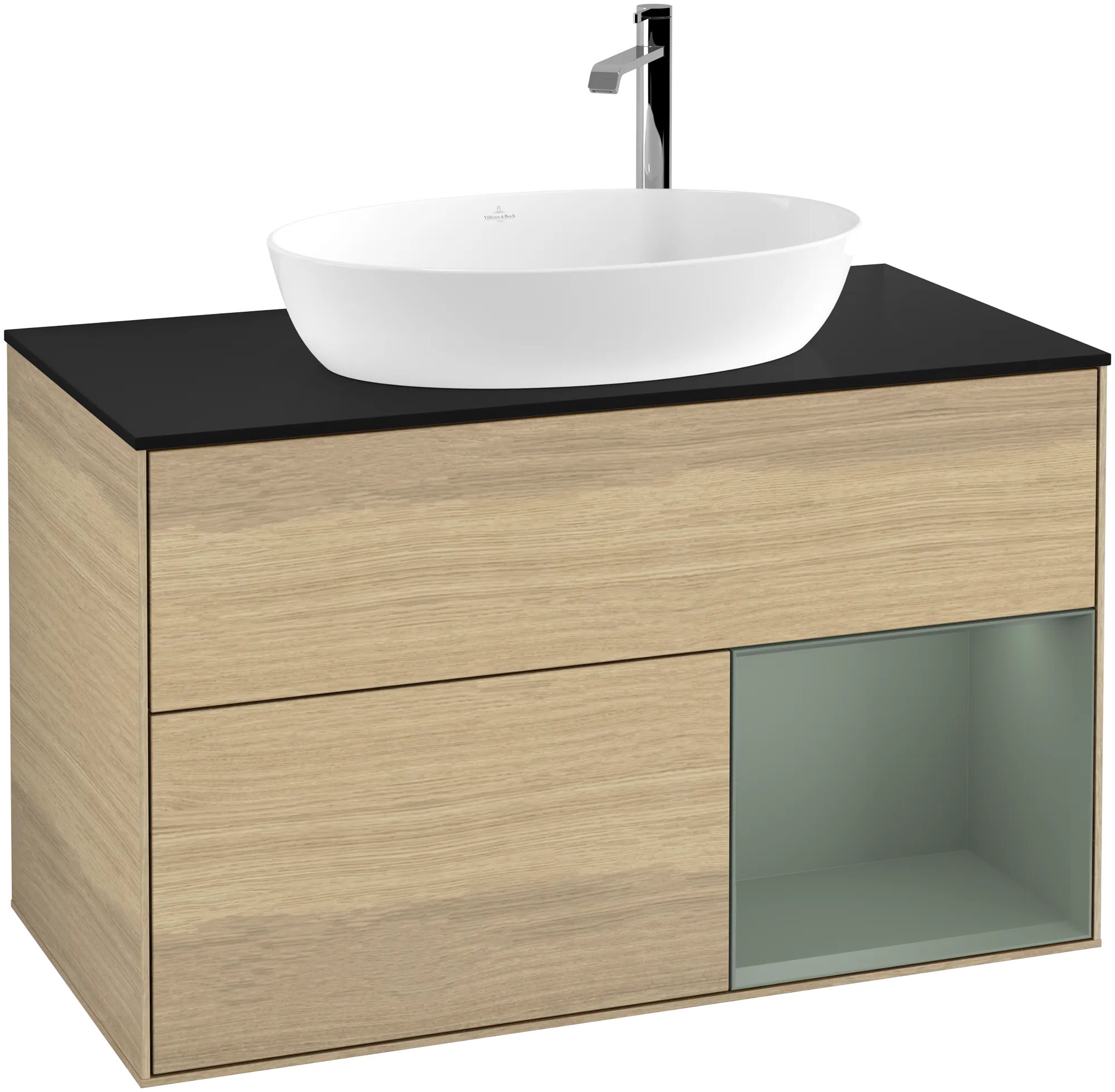 Bild von VILLEROY BOCH Finion Waschbeckenunterschrank, mit Beleuchtung, 2 Auszüge, 1000 x 603 x 501 mm, Oak Veneer / Olive Matt Lacquer / Glass Black Matt #G902GMPC
