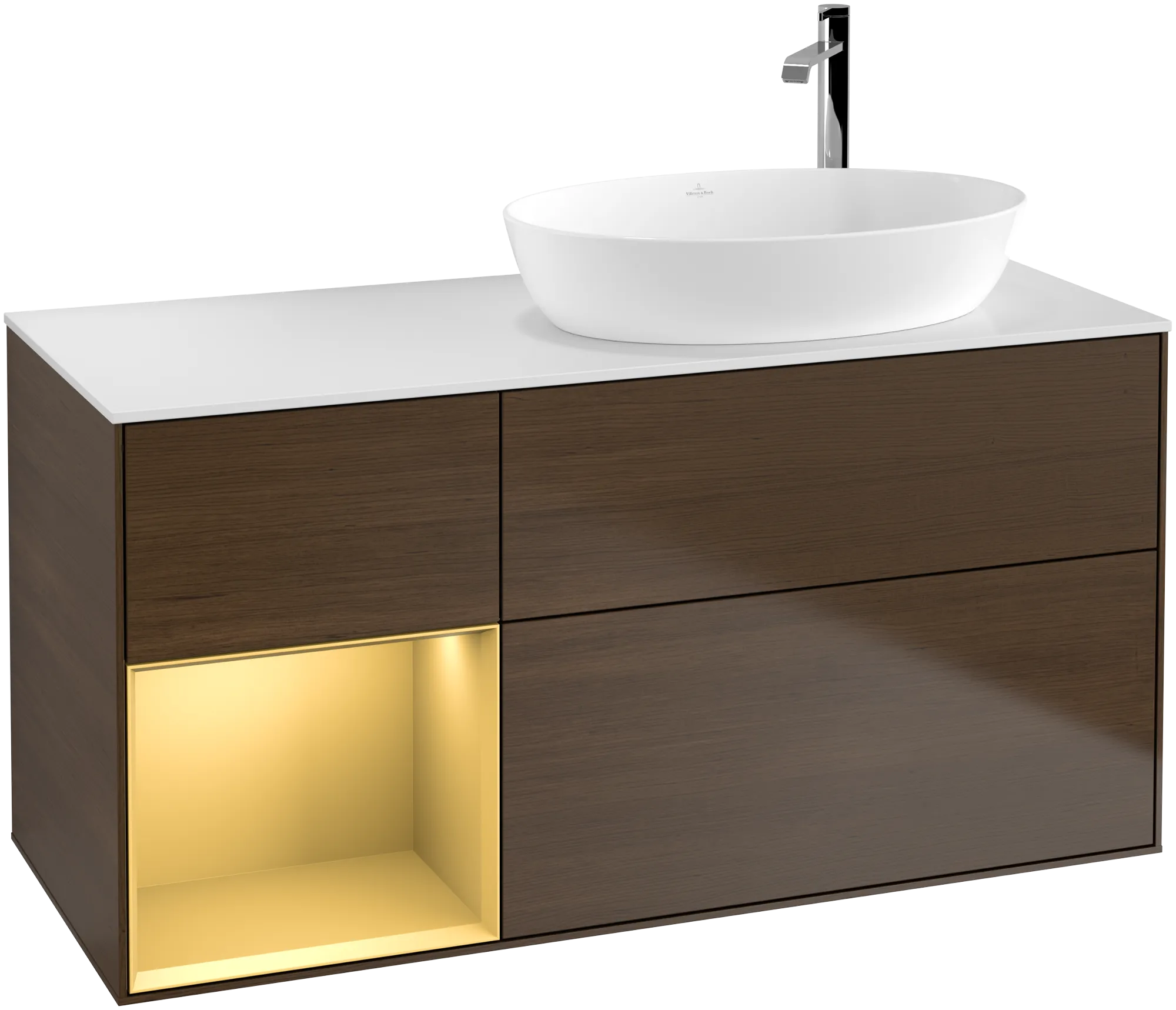 Bild von VILLEROY BOCH Finion Waschbeckenunterschrank, mit Beleuchtung, 3 Auszüge, 1200 x 603 x 501 mm, Walnut Veneer / Gold Matt Lacquer / Glass White Matt #G921HFGN
