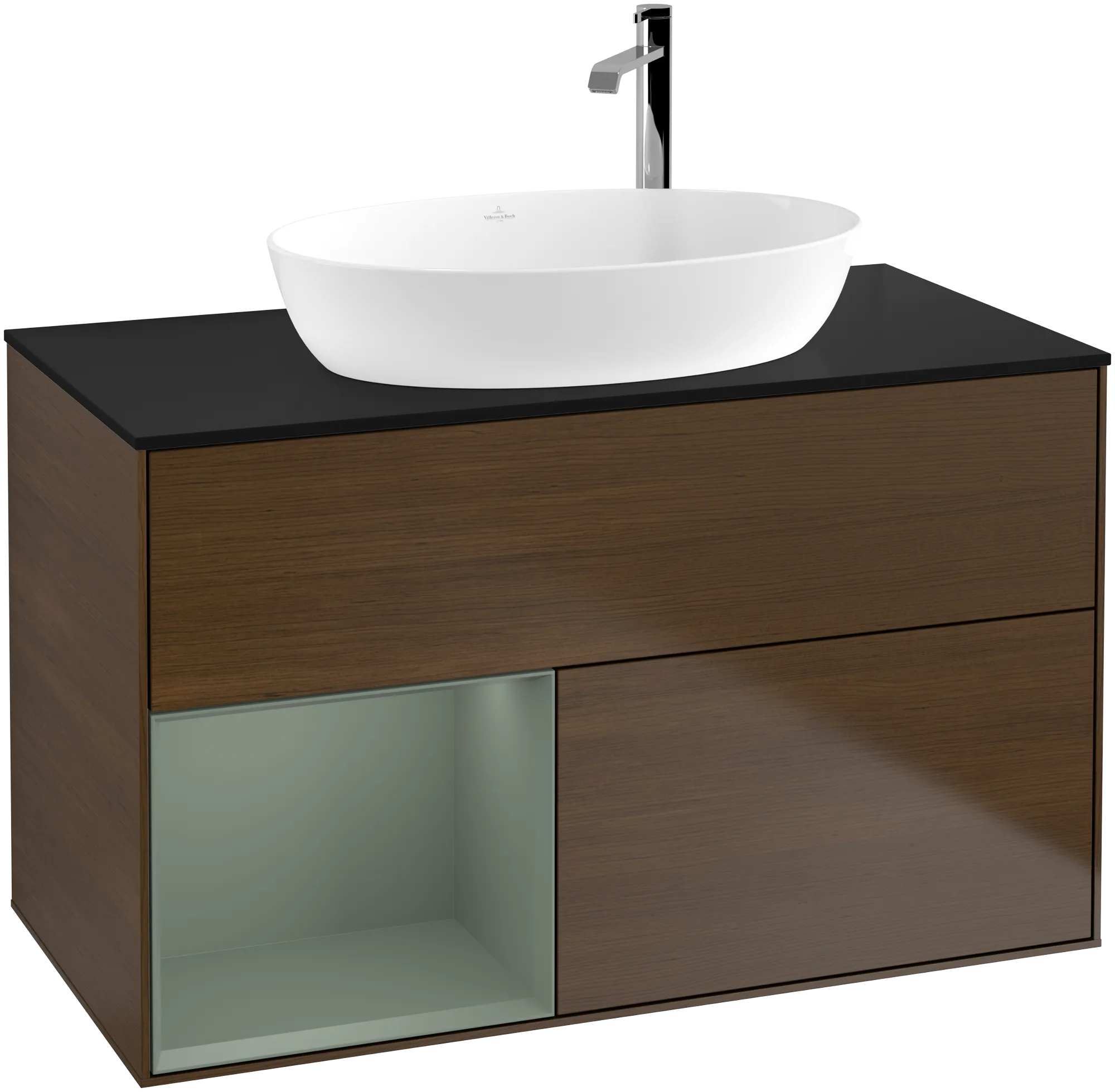 Bild von VILLEROY BOCH Finion Waschbeckenunterschrank, mit Beleuchtung, 2 Auszüge, 1000 x 603 x 501 mm, Walnut Veneer / Olive Matt Lacquer / Glass Black Matt #G892GMGN