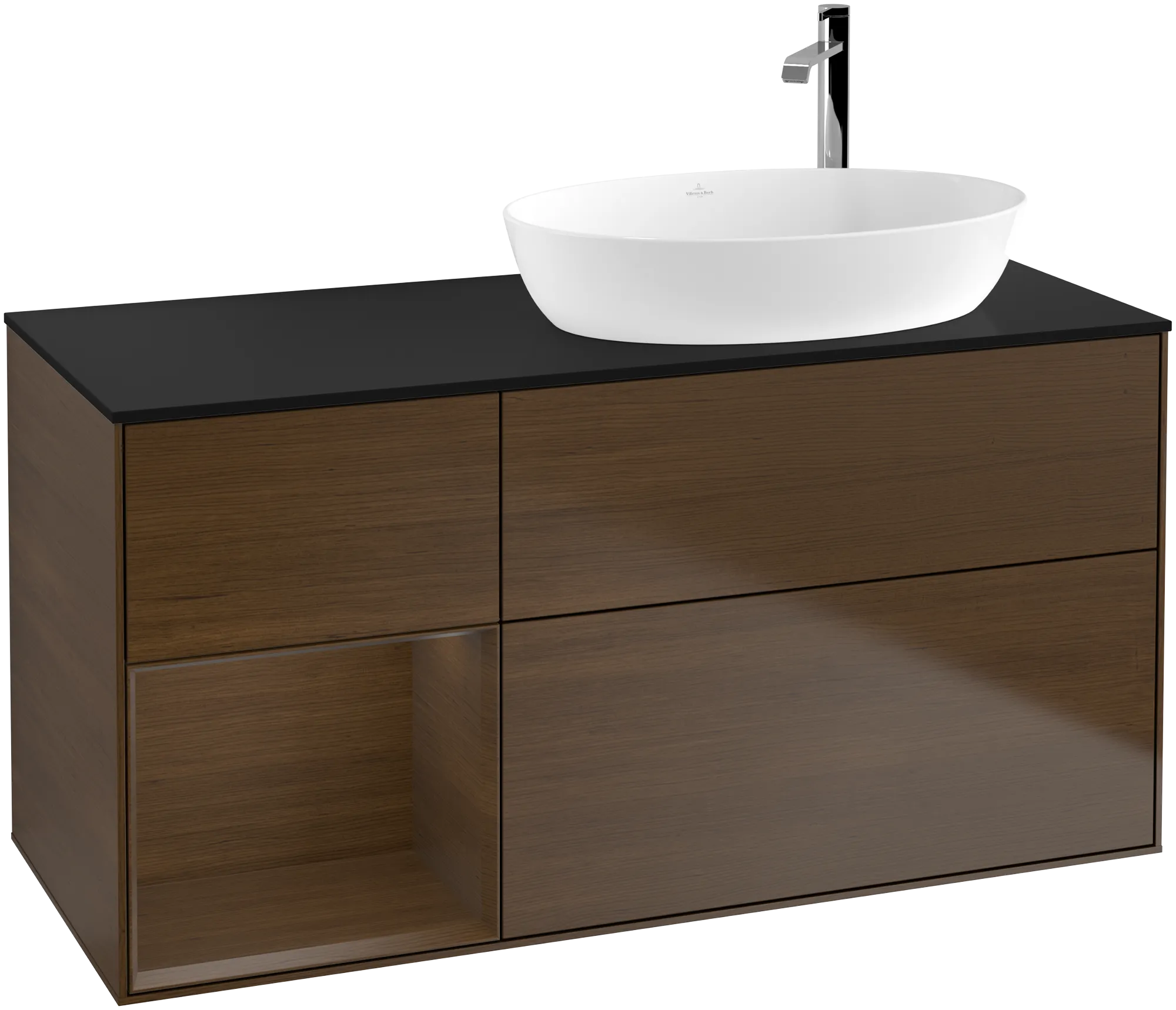 Bild von VILLEROY BOCH Finion Waschbeckenunterschrank, mit Beleuchtung, 3 Auszüge, 1200 x 603 x 501 mm, Walnut Veneer / Walnut Veneer / Glass Black Matt #G922GNGN