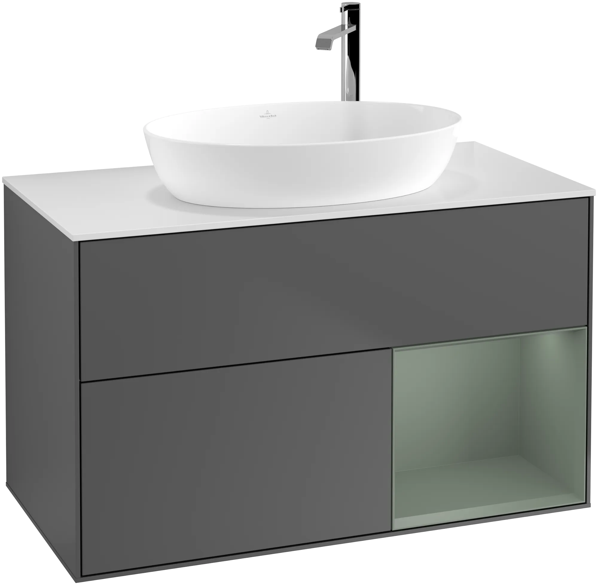 Bild von VILLEROY BOCH Finion Waschbeckenunterschrank, mit Beleuchtung, 2 Auszüge, 1000 x 603 x 501 mm, Anthracite Matt Lacquer / Olive Matt Lacquer / Glass White Matt #G901GMGK