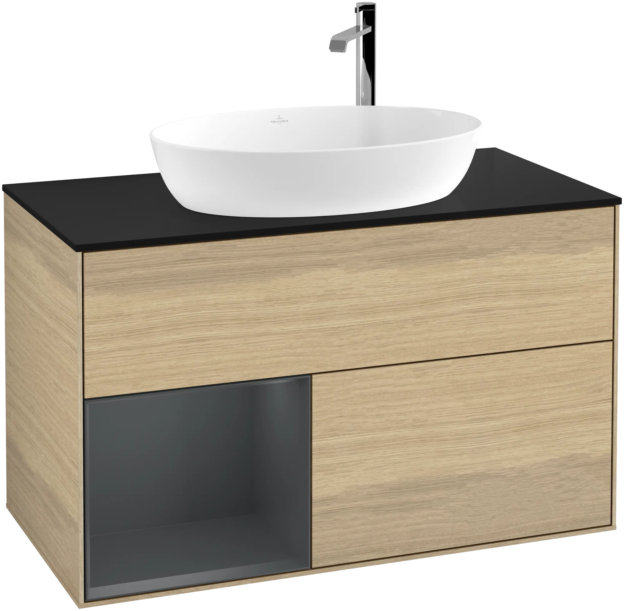 Bild von VILLEROY BOCH Finion Waschbeckenunterschrank, mit Beleuchtung, 2 Auszüge, 1000 x 603 x 501 mm, Oak Veneer / Midnight Blue Matt Lacquer / Glass Black Matt #G892HGPC