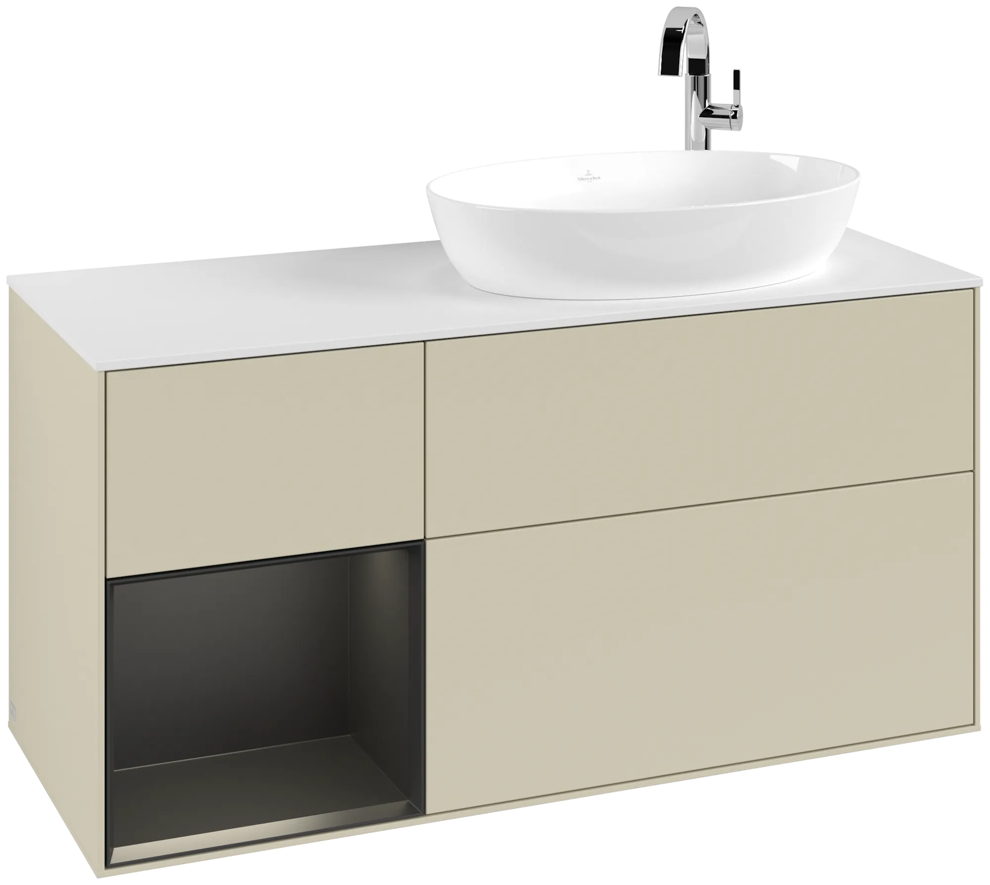 Bild von VILLEROY BOCH Finion Waschbeckenunterschrank, mit Beleuchtung, 3 Auszüge, 1200 x 603 x 501 mm, Silk Grey Matt Lacquer / Black Matt Lacquer / Glass White Matt #G921PDHJ