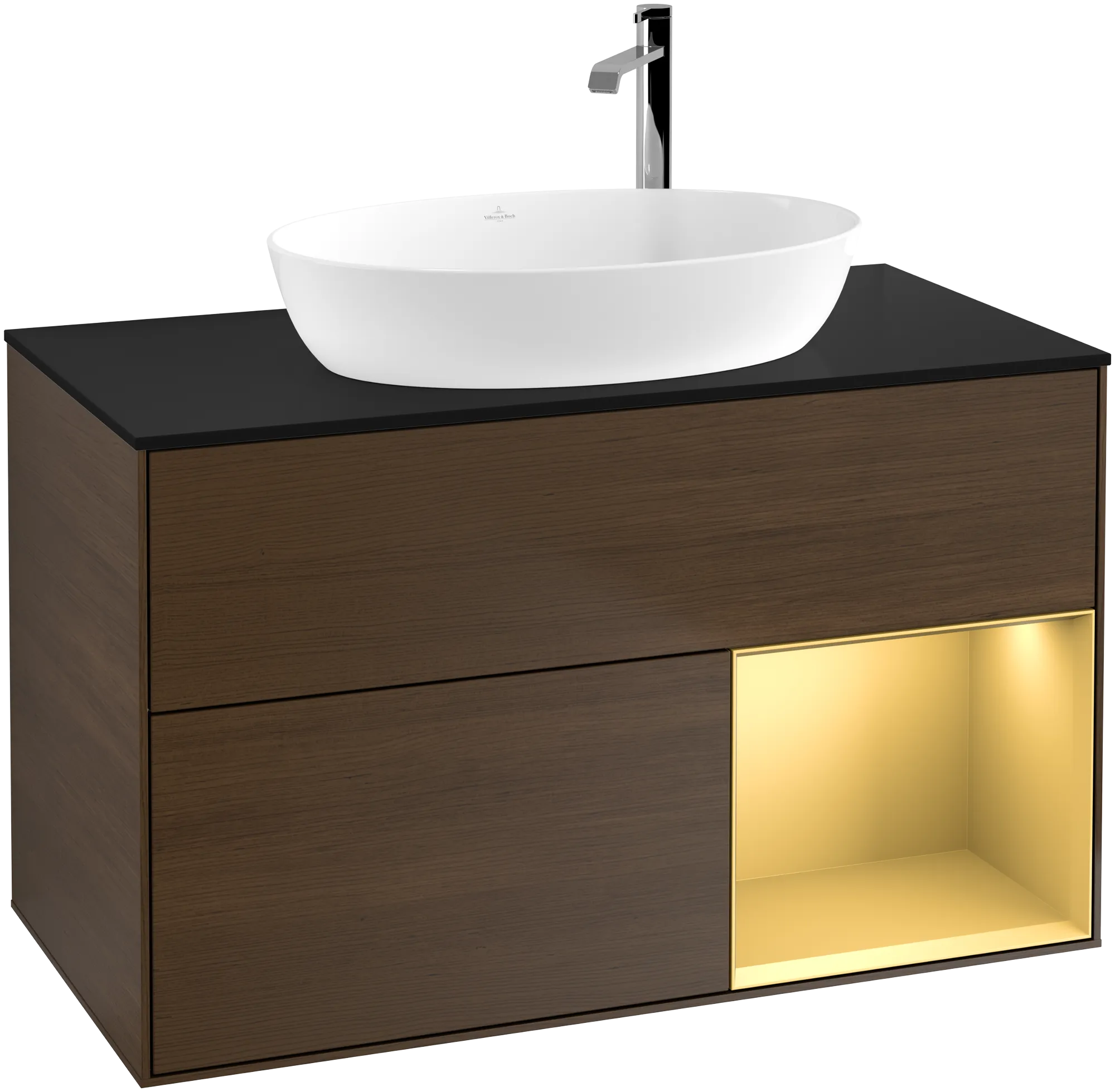Bild von VILLEROY BOCH Finion Waschbeckenunterschrank, mit Beleuchtung, 2 Auszüge, 1000 x 603 x 501 mm, Walnut Veneer / Gold Matt Lacquer / Glass Black Matt #G902HFGN
