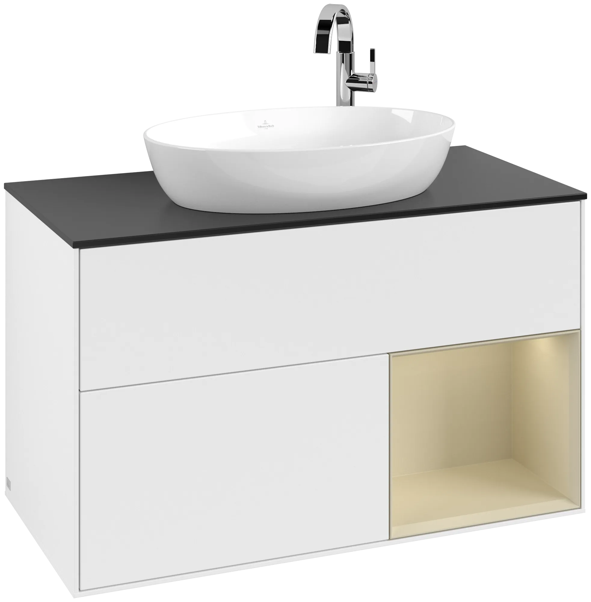 Bild von VILLEROY BOCH Finion Waschbeckenunterschrank, mit Beleuchtung, 2 Auszüge, 1000 x 603 x 501 mm, White Matt Lacquer / Silk Grey Matt Lacquer / Glass Black Matt #G902HJMT