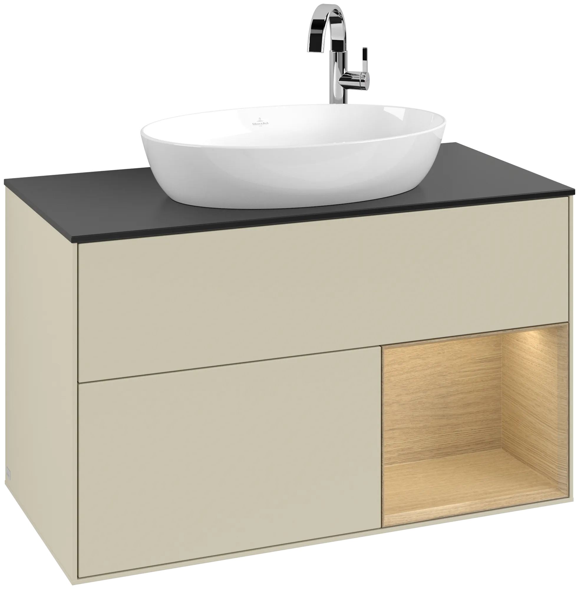 Bild von VILLEROY BOCH Finion Waschbeckenunterschrank, mit Beleuchtung, 2 Auszüge, 1000 x 603 x 501 mm, Silk Grey Matt Lacquer / Oak Veneer / Glass Black Matt #G902PCHJ