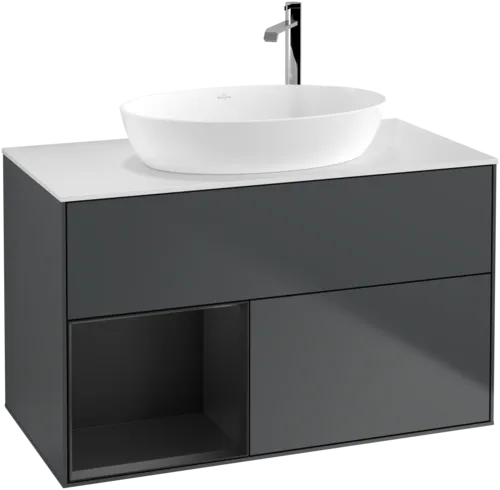 Bild von VILLEROY BOCH Finion Waschbeckenunterschrank, mit Beleuchtung, 2 Auszüge, 1000 x 603 x 501 mm, Midnight Blue Matt Lacquer / Black Matt Lacquer / Glass White Matt #G891PDHG