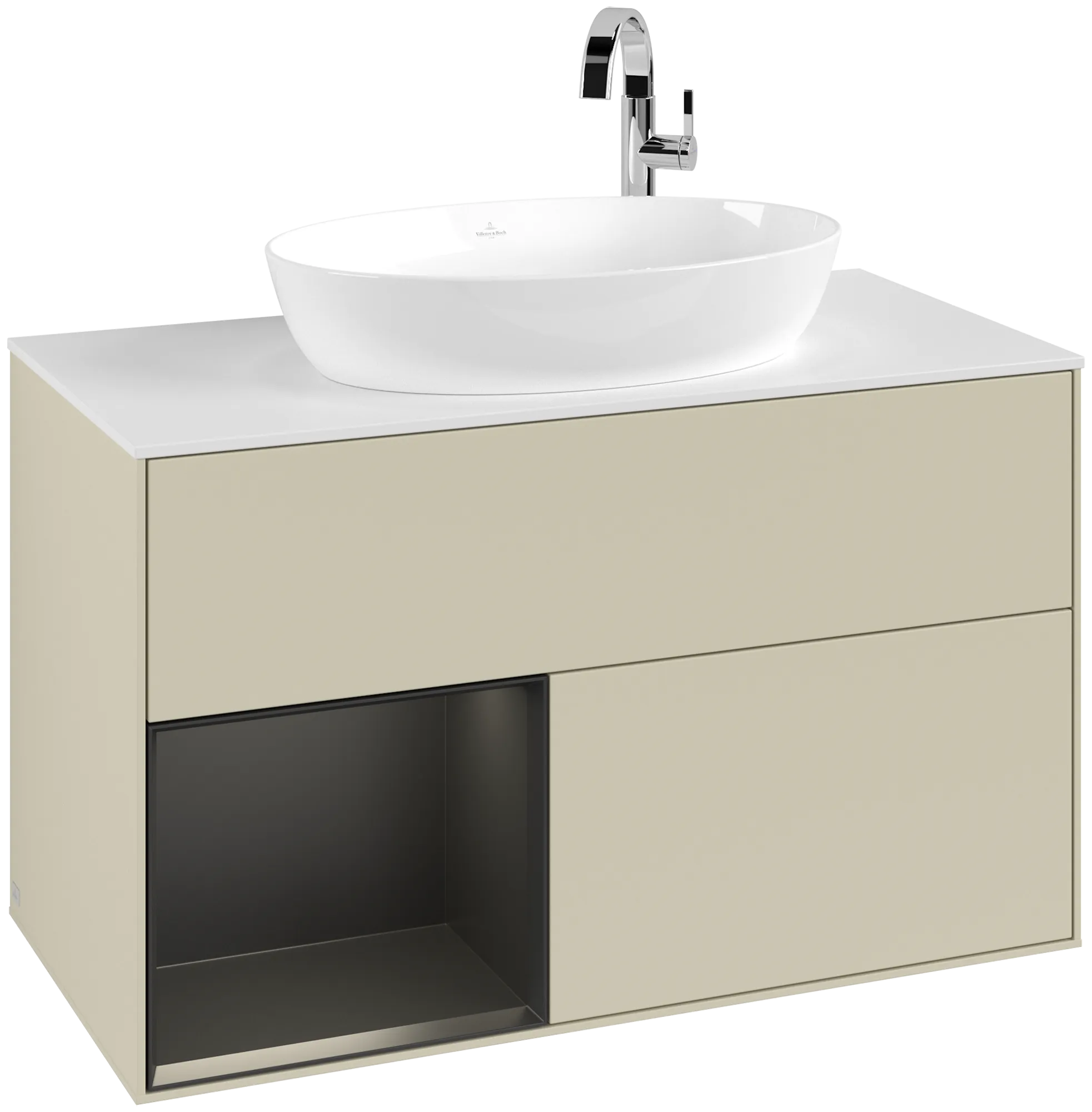 Bild von VILLEROY BOCH Finion Waschbeckenunterschrank, mit Beleuchtung, 2 Auszüge, 1000 x 603 x 501 mm, Silk Grey Matt Lacquer / Black Matt Lacquer / Glass White Matt #G891PDHJ