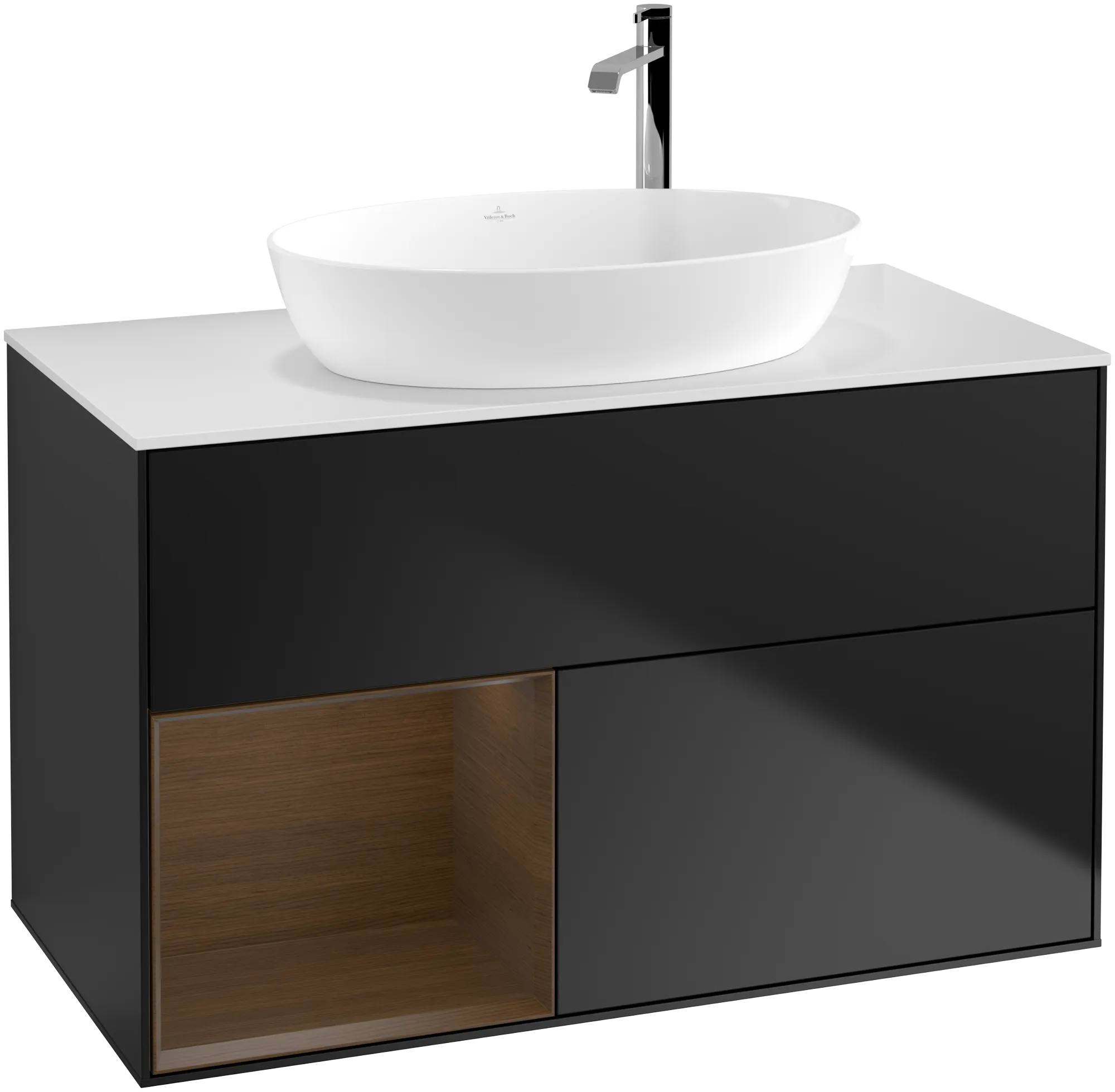 Bild von VILLEROY BOCH Finion Waschbeckenunterschrank, mit Beleuchtung, 2 Auszüge, 1000 x 603 x 501 mm, Black Matt Lacquer / Walnut Veneer / Glass White Matt #G891GNPD