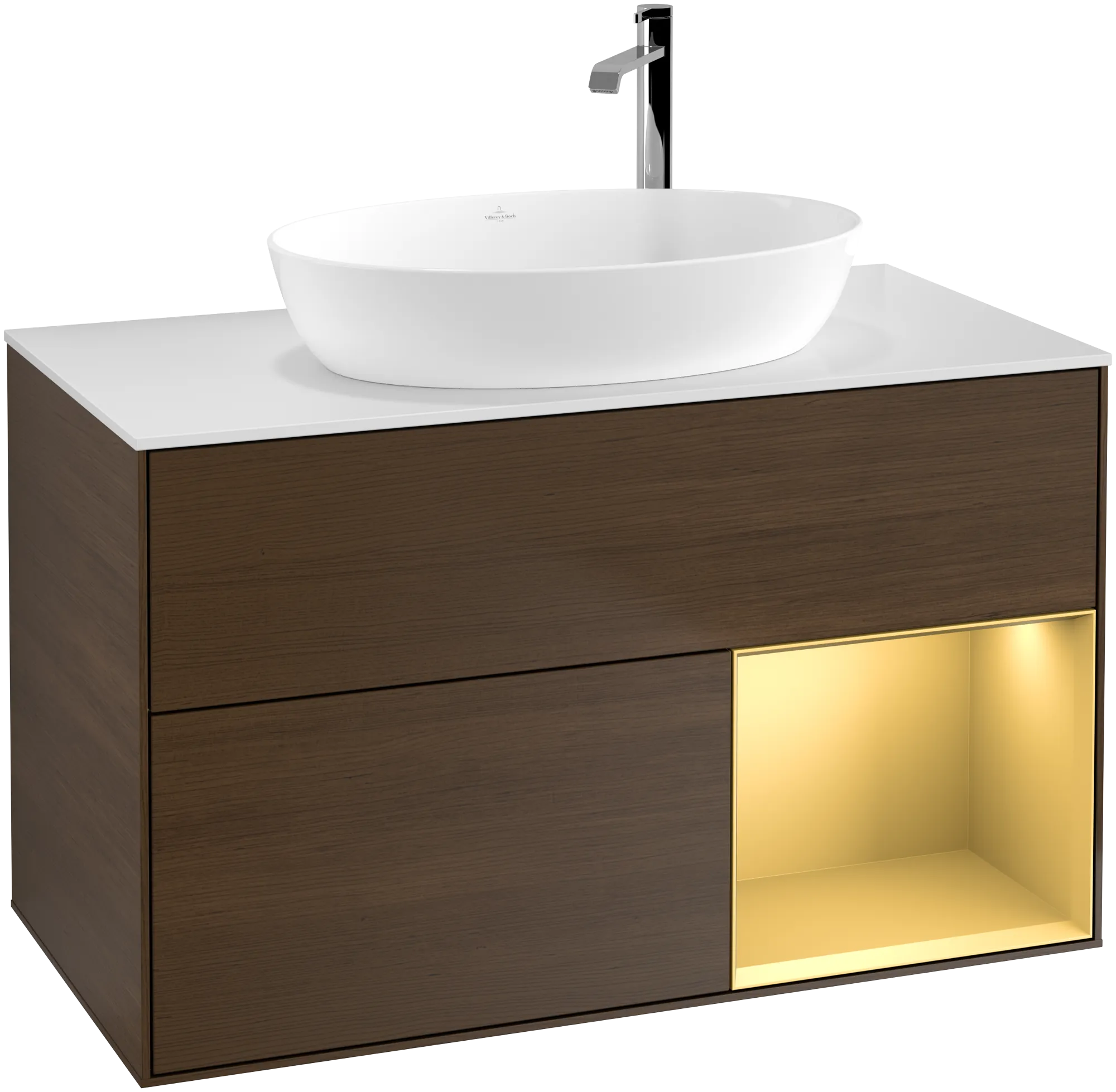Bild von VILLEROY BOCH Finion Waschbeckenunterschrank, mit Beleuchtung, 2 Auszüge, 1000 x 603 x 501 mm, Walnut Veneer / Gold Matt Lacquer / Glass White Matt #G901HFGN