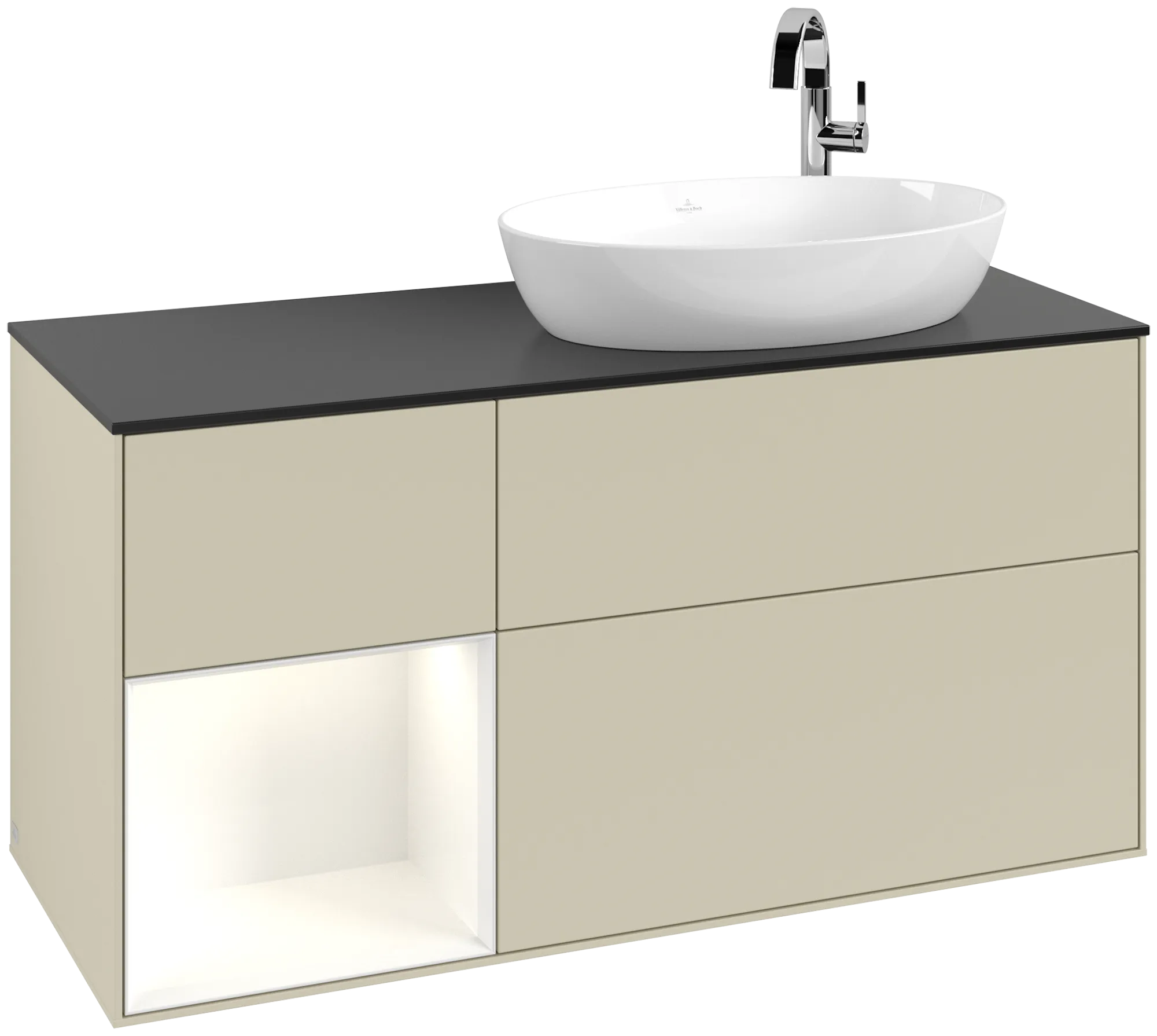 Bild von VILLEROY BOCH Finion Waschbeckenunterschrank, mit Beleuchtung, 3 Auszüge, 1200 x 603 x 501 mm, Silk Grey Matt Lacquer / Glossy White Lacquer / Glass Black Matt #G922GFHJ