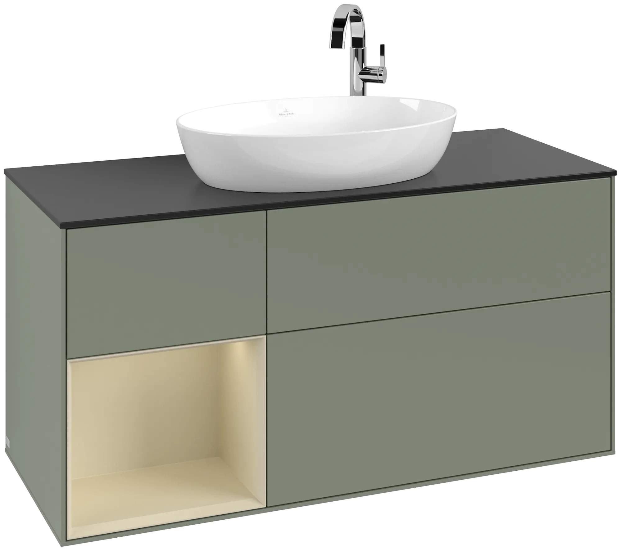 Bild von VILLEROY BOCH Finion Waschbeckenunterschrank, mit Beleuchtung, 3 Auszüge, 1200 x 603 x 501 mm, Olive Matt Lacquer / Silk Grey Matt Lacquer / Glass Black Matt #G942HJGM