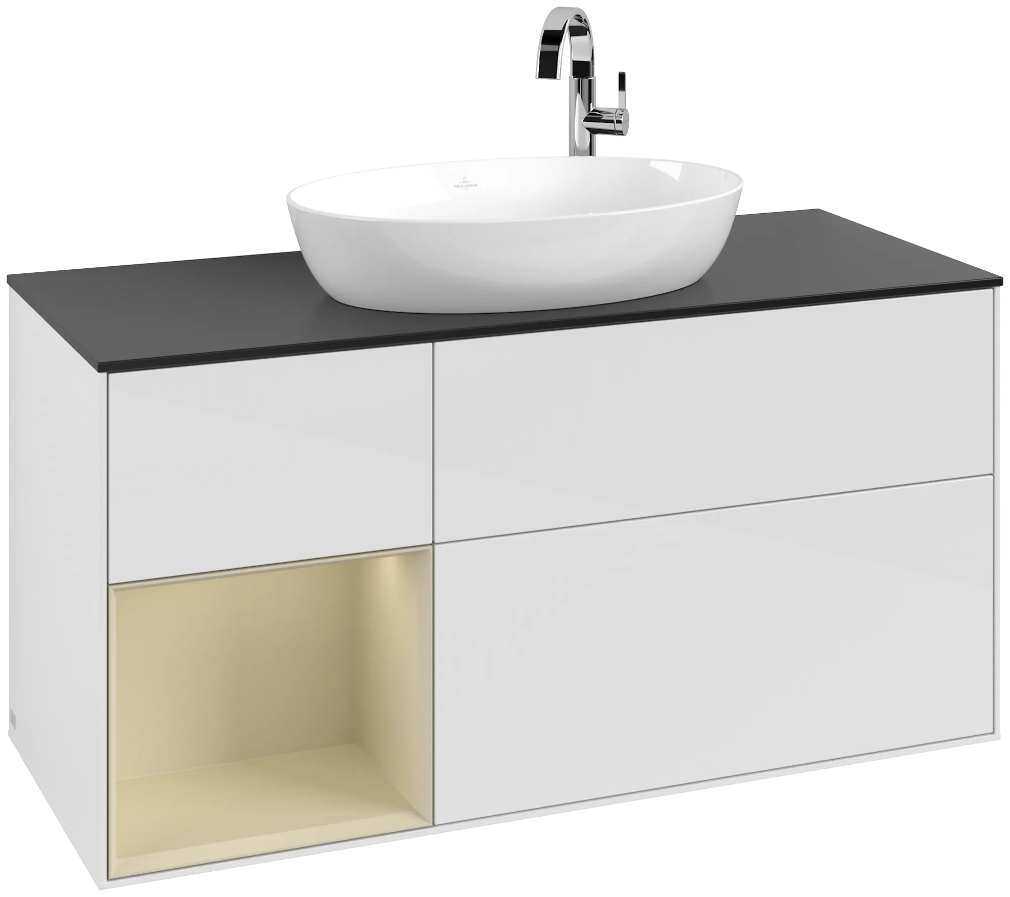 Picture of VILLEROY BOCH Finion Vanity unit, with lighting, 3 pull-out compartments, 1200 x 603 x 501 mm, Glossy White Lacquer / Silk Grey Matt Lacquer / Glass Black Matt #G942HJGF
