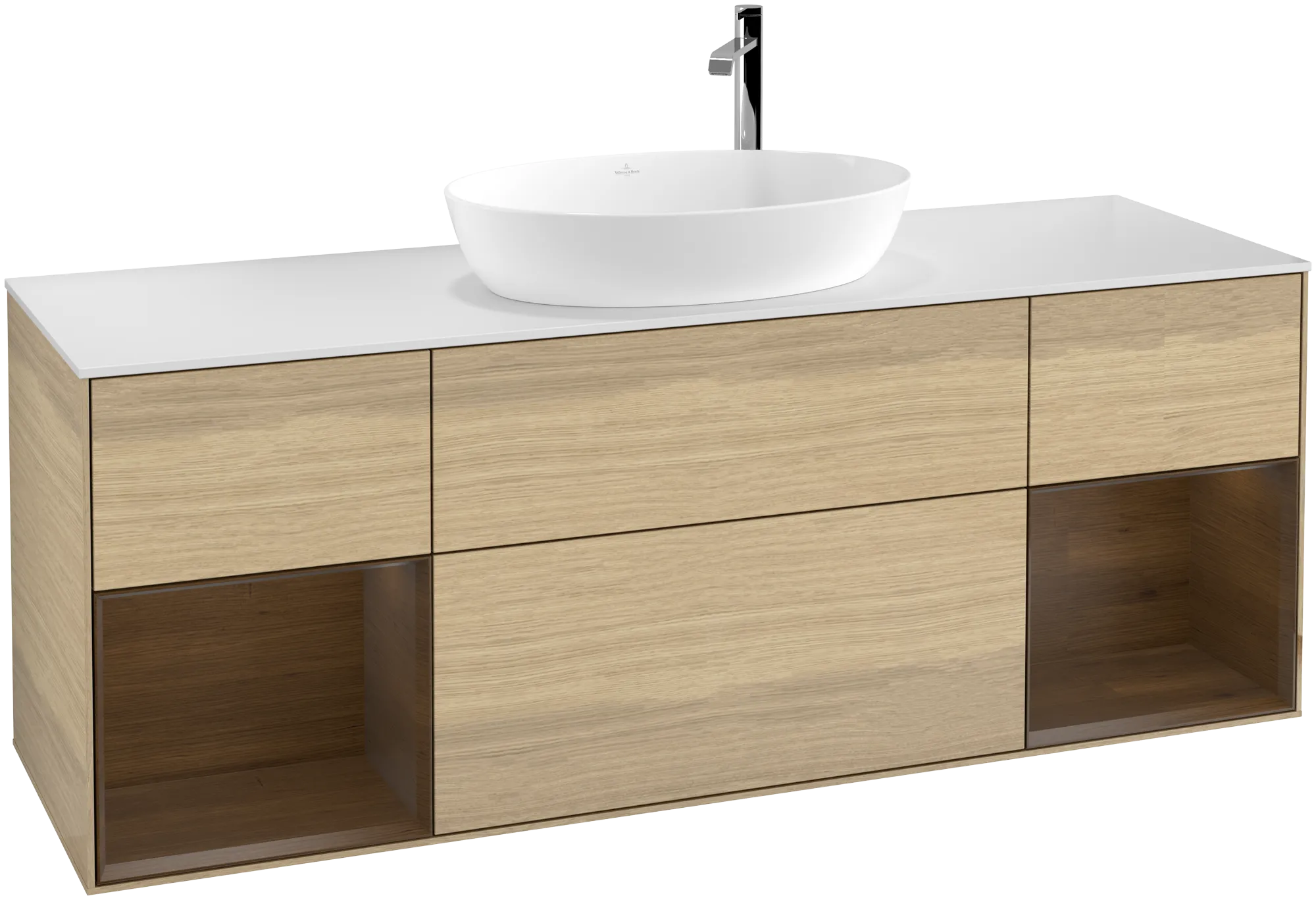 Bild von VILLEROY BOCH Finion Waschbeckenunterschrank, mit Beleuchtung, 4 Auszüge, 1600 x 603 x 501 mm, Oak Veneer / Walnut Veneer / Glass White Matt #G981GNPC