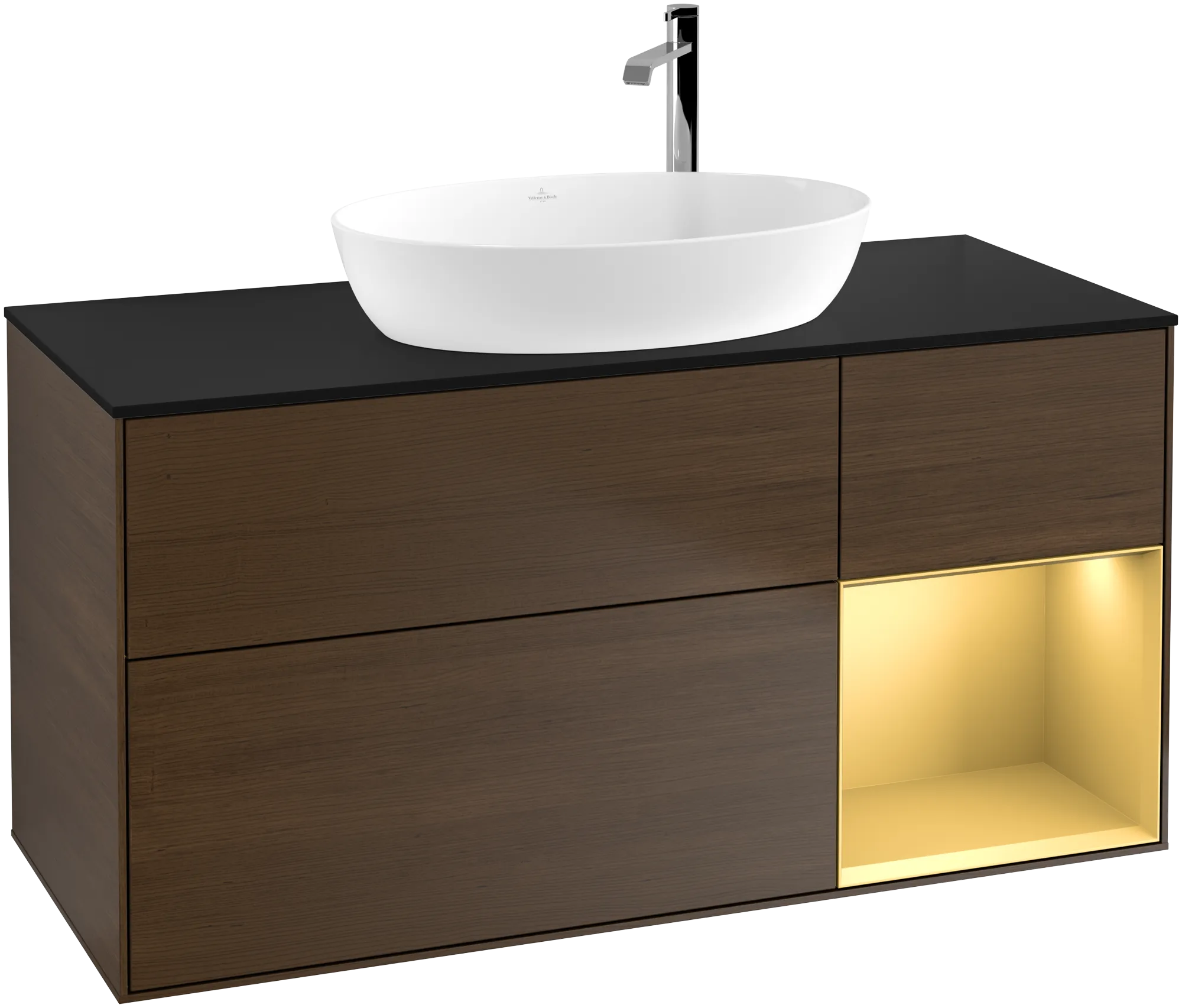 Bild von VILLEROY BOCH Finion Waschbeckenunterschrank, mit Beleuchtung, 3 Auszüge, 1200 x 603 x 501 mm, Walnut Veneer / Gold Matt Lacquer / Glass Black Matt #G952HFGN