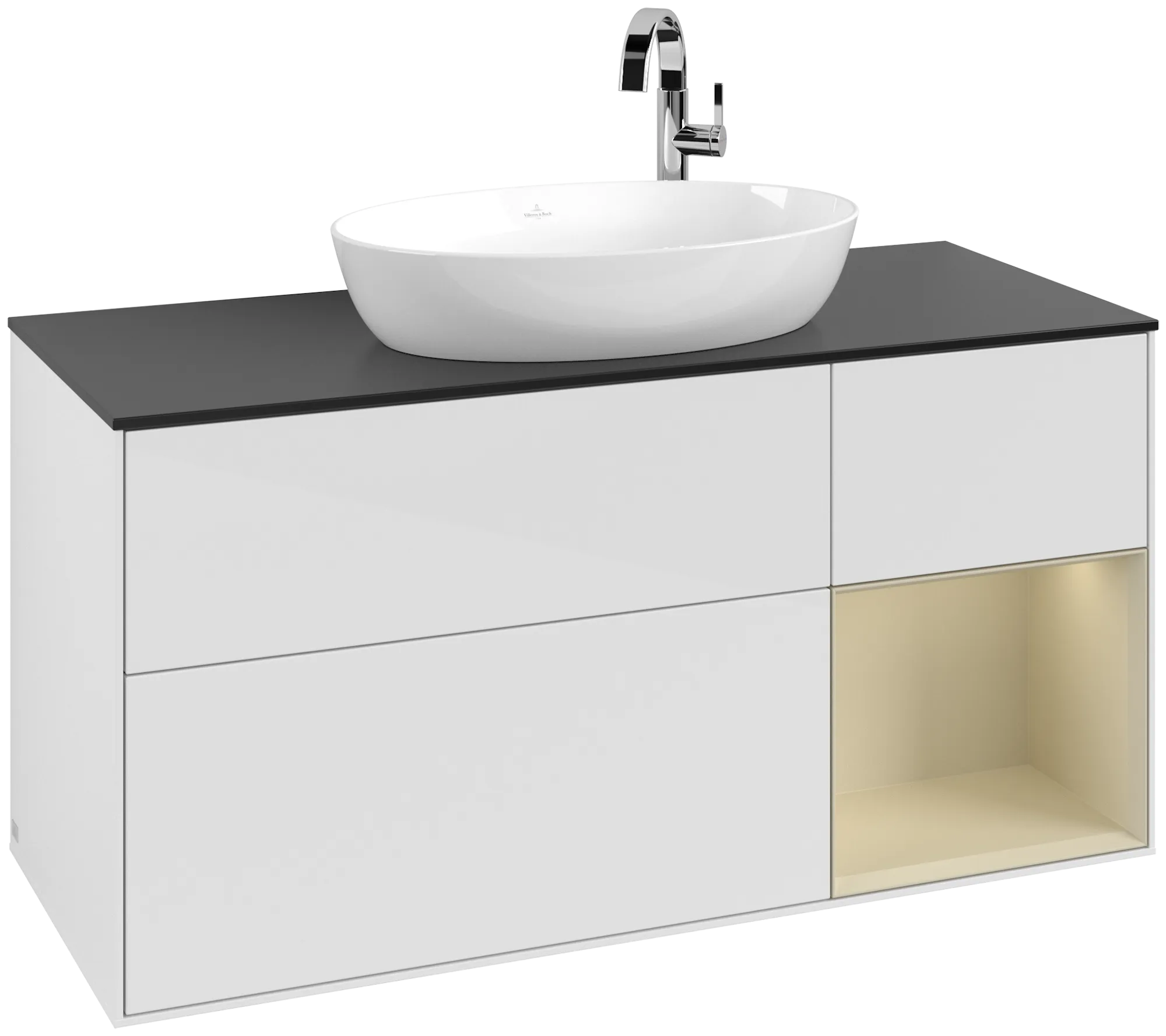 Bild von VILLEROY BOCH Finion Waschbeckenunterschrank, mit Beleuchtung, 3 Auszüge, 1200 x 603 x 501 mm, Glossy White Lacquer / Silk Grey Matt Lacquer / Glass Black Matt #G952HJGF