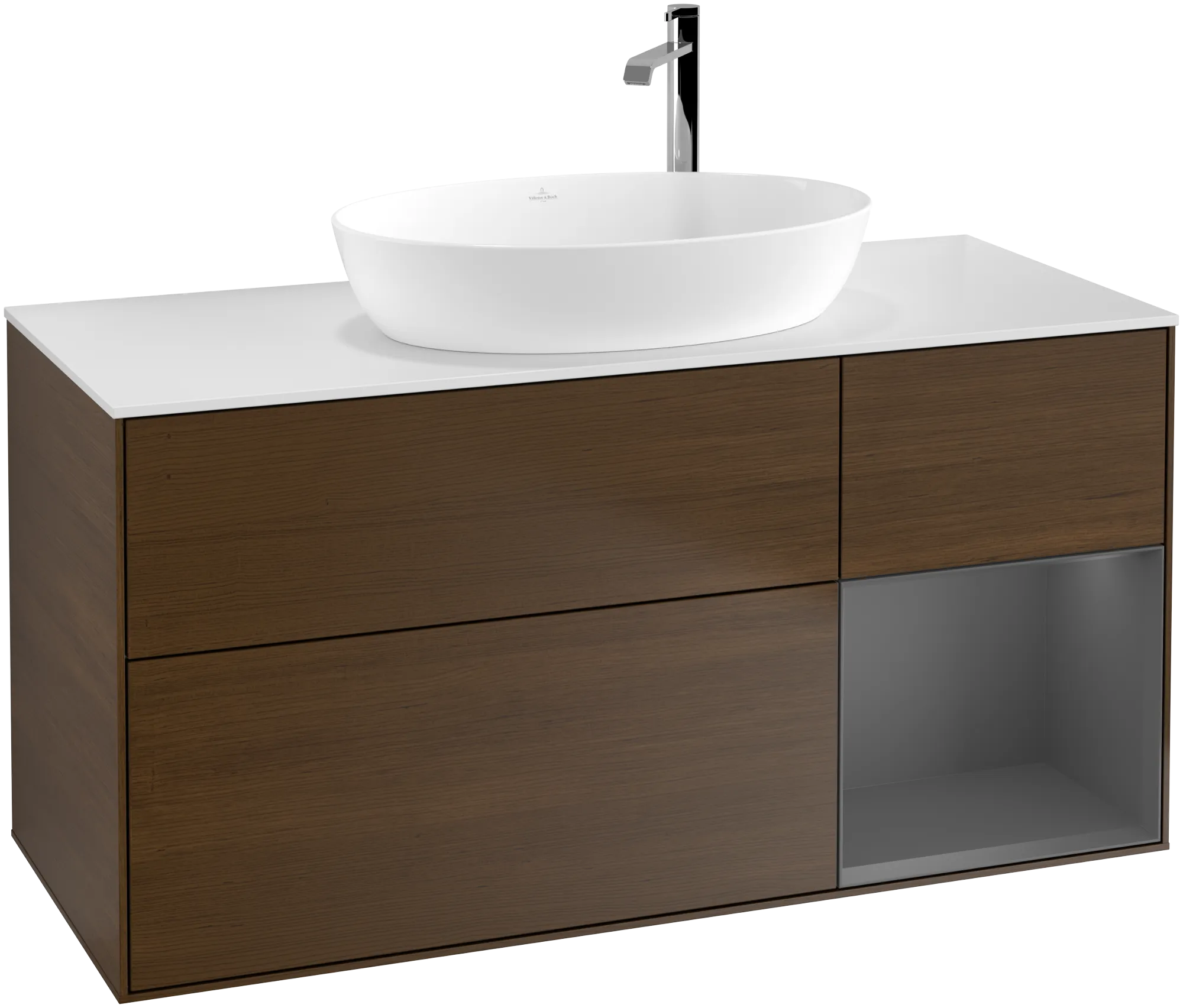 Bild von VILLEROY BOCH Finion Waschbeckenunterschrank, mit Beleuchtung, 3 Auszüge, 1200 x 603 x 501 mm, Walnut Veneer / Anthracite Matt Lacquer / Glass White Matt #G951GKGN