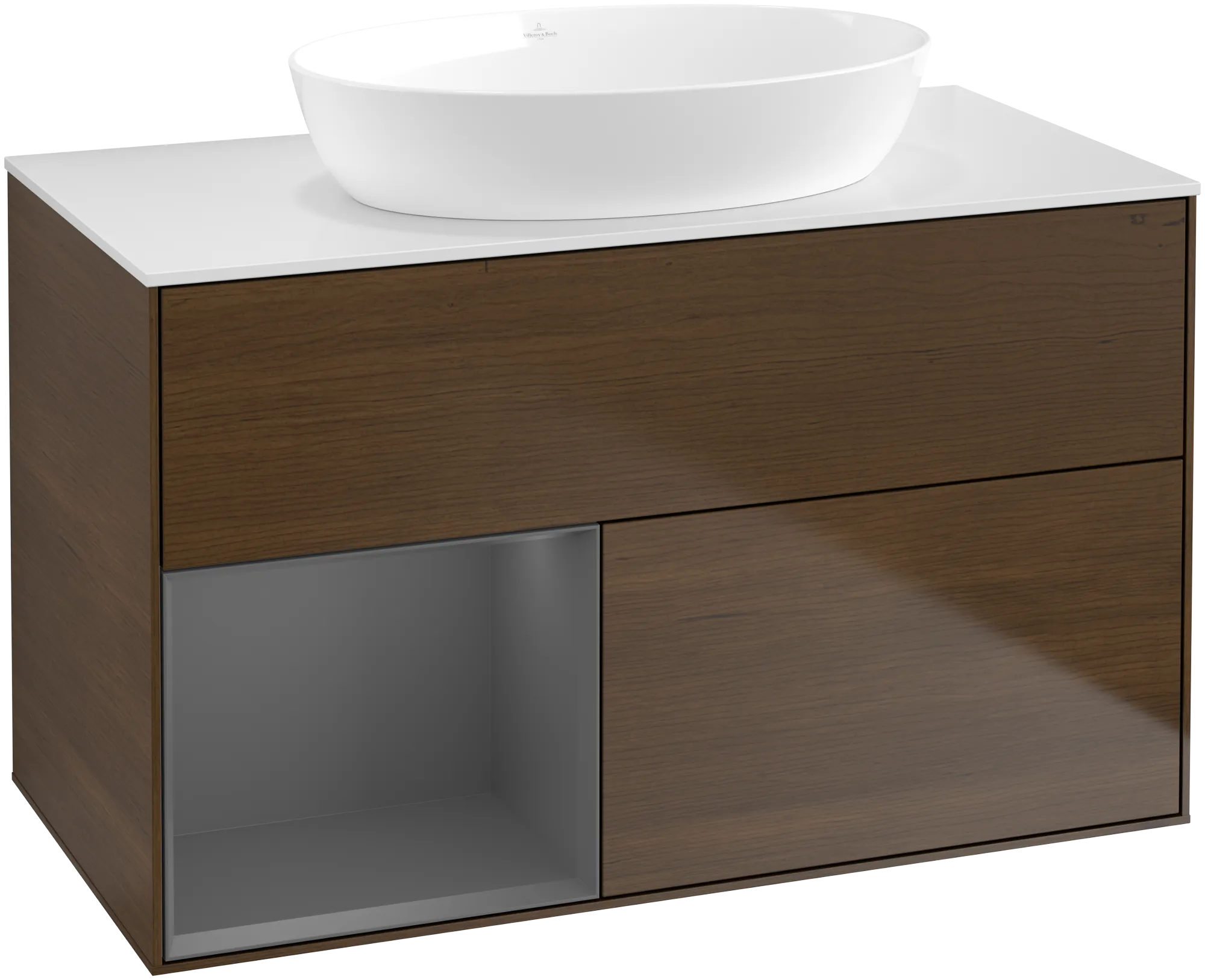 Bild von VILLEROY BOCH Finion Waschbeckenunterschrank, mit Beleuchtung, 2 Auszüge, 1000 x 603 x 501 mm, Walnut Veneer / Anthracite Matt Lacquer / Glass White Matt #GA11GKGN