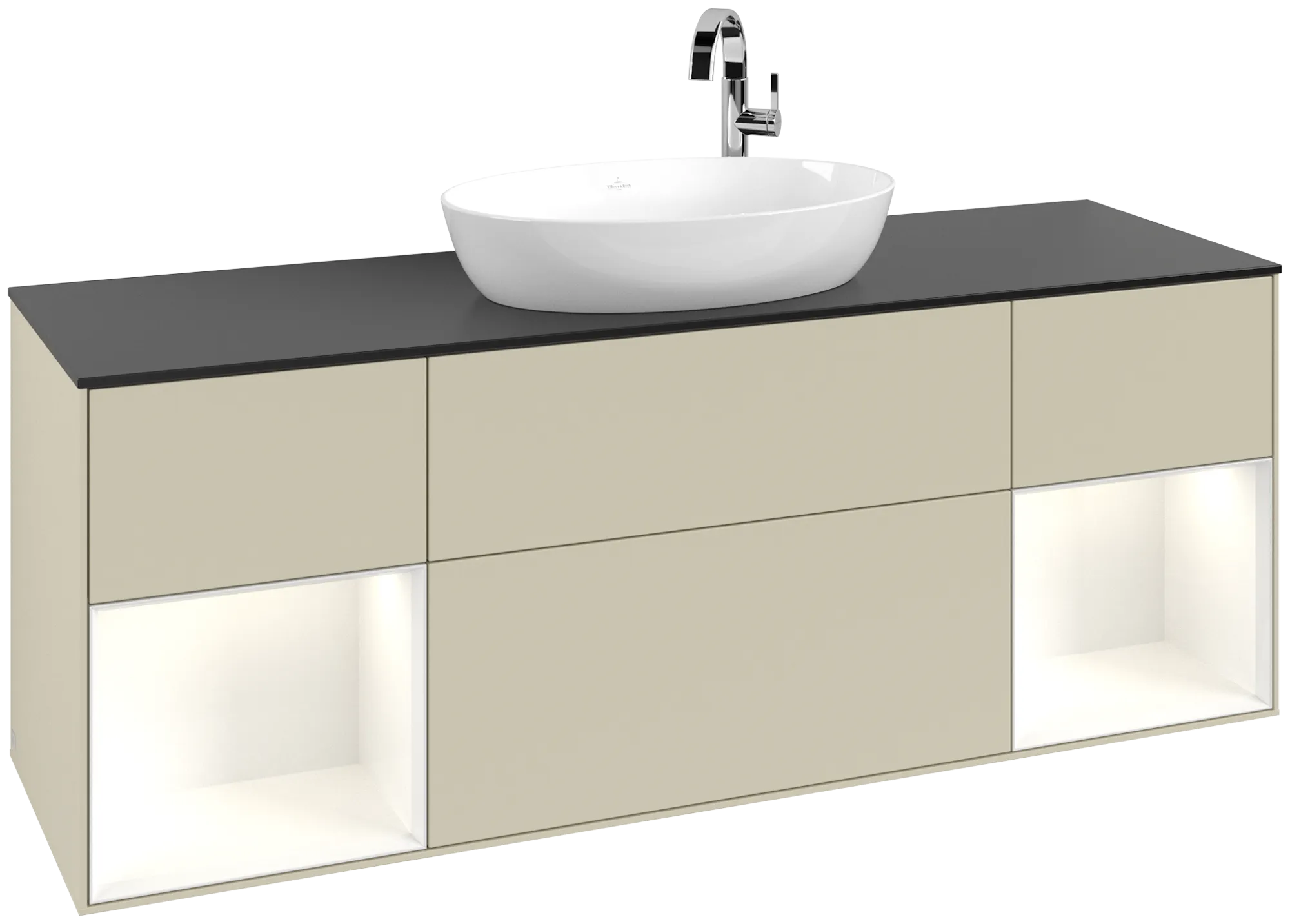Bild von VILLEROY BOCH Finion Waschbeckenunterschrank, mit Beleuchtung, 4 Auszüge, 1600 x 603 x 501 mm, Silk Grey Matt Lacquer / Glossy White Lacquer / Glass Black Matt #G982GFHJ