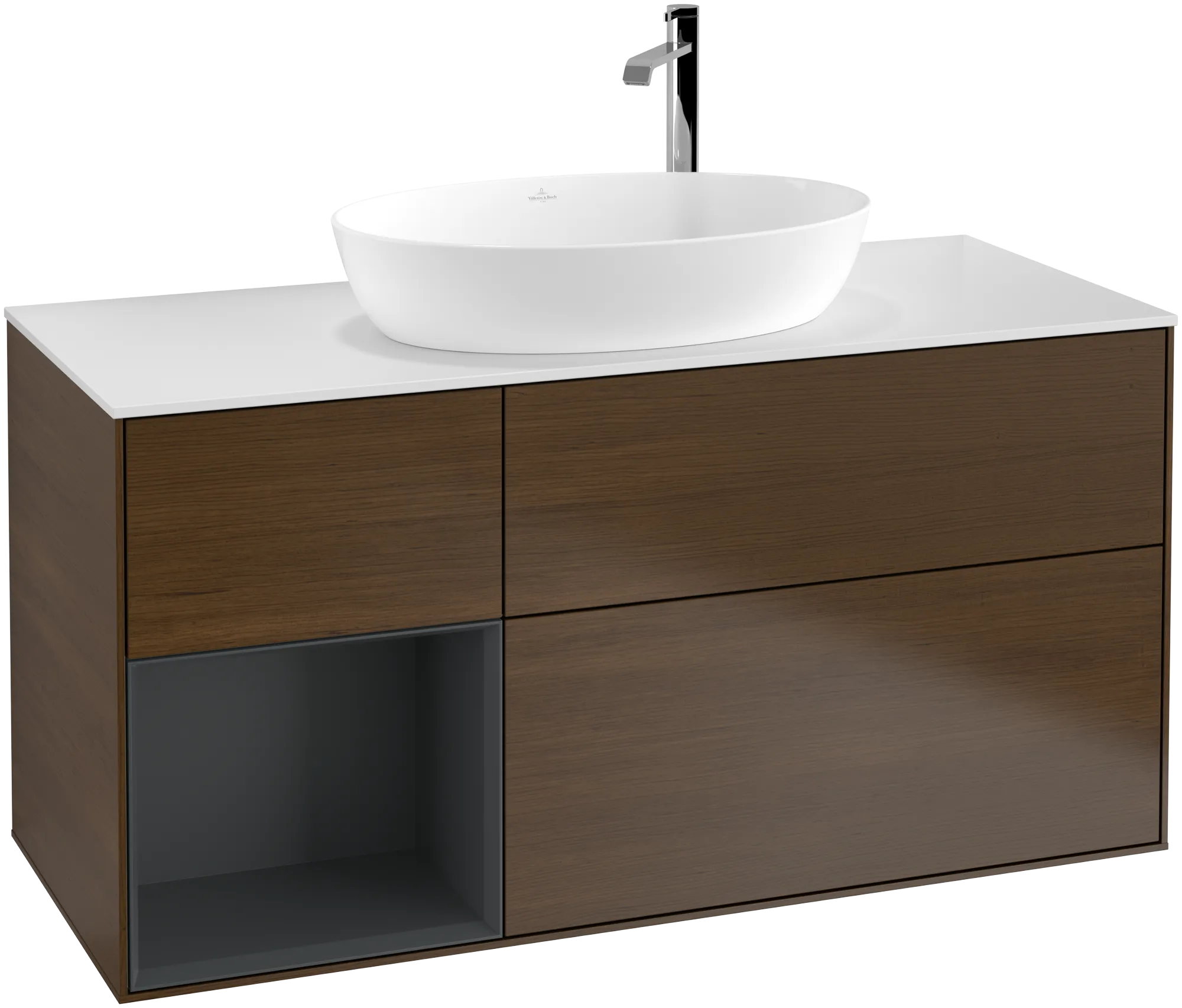 Bild von VILLEROY BOCH Finion Waschbeckenunterschrank, mit Beleuchtung, 3 Auszüge, 1200 x 603 x 501 mm, Walnut Veneer / Midnight Blue Matt Lacquer / Glass White Matt #G941HGGN