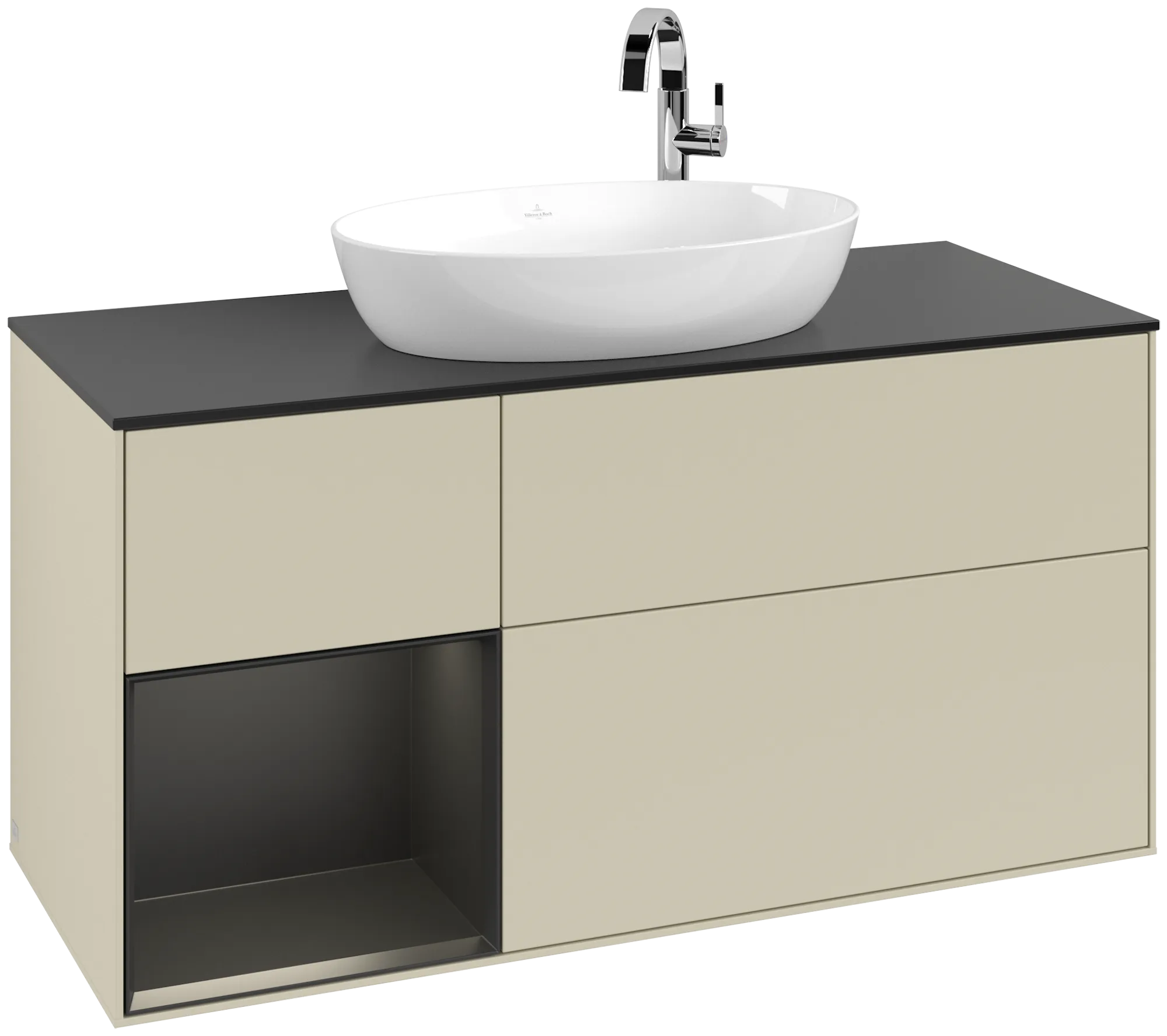 Bild von VILLEROY BOCH Finion Waschbeckenunterschrank, mit Beleuchtung, 3 Auszüge, 1200 x 603 x 501 mm, Silk Grey Matt Lacquer / Black Matt Lacquer / Glass Black Matt #G942PDHJ