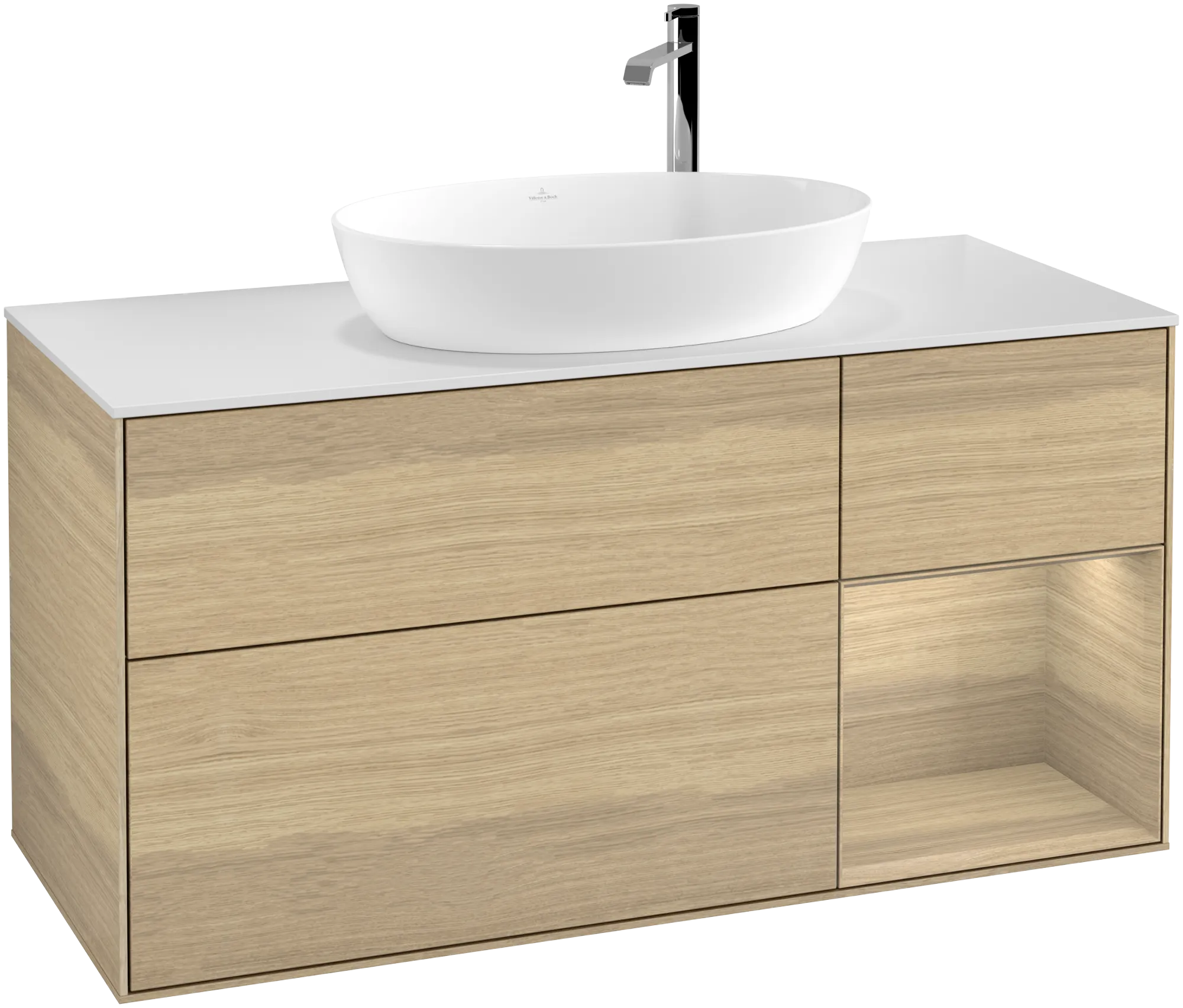 Bild von VILLEROY BOCH Finion Waschbeckenunterschrank, mit Beleuchtung, 3 Auszüge, 1200 x 603 x 501 mm, Oak Veneer / Oak Veneer / Glass White Matt #G951PCPC