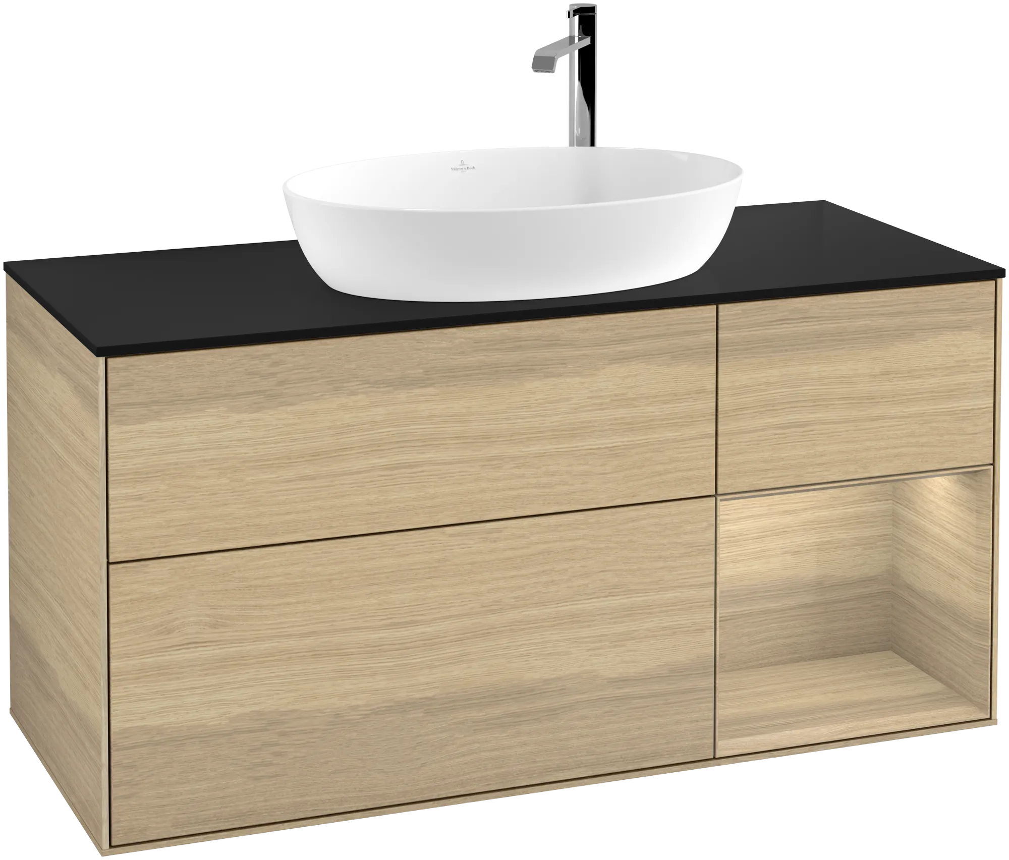 Bild von VILLEROY BOCH Finion Waschbeckenunterschrank, mit Beleuchtung, 3 Auszüge, 1200 x 603 x 501 mm, Oak Veneer / Oak Veneer / Glass Black Matt #G952PCPC