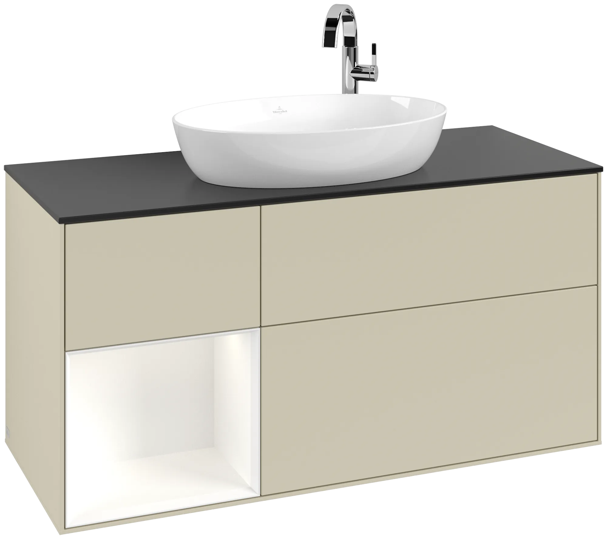 Bild von VILLEROY BOCH Finion Waschbeckenunterschrank, mit Beleuchtung, 3 Auszüge, 1200 x 603 x 501 mm, Silk Grey Matt Lacquer / White Matt Lacquer / Glass Black Matt #G942MTHJ