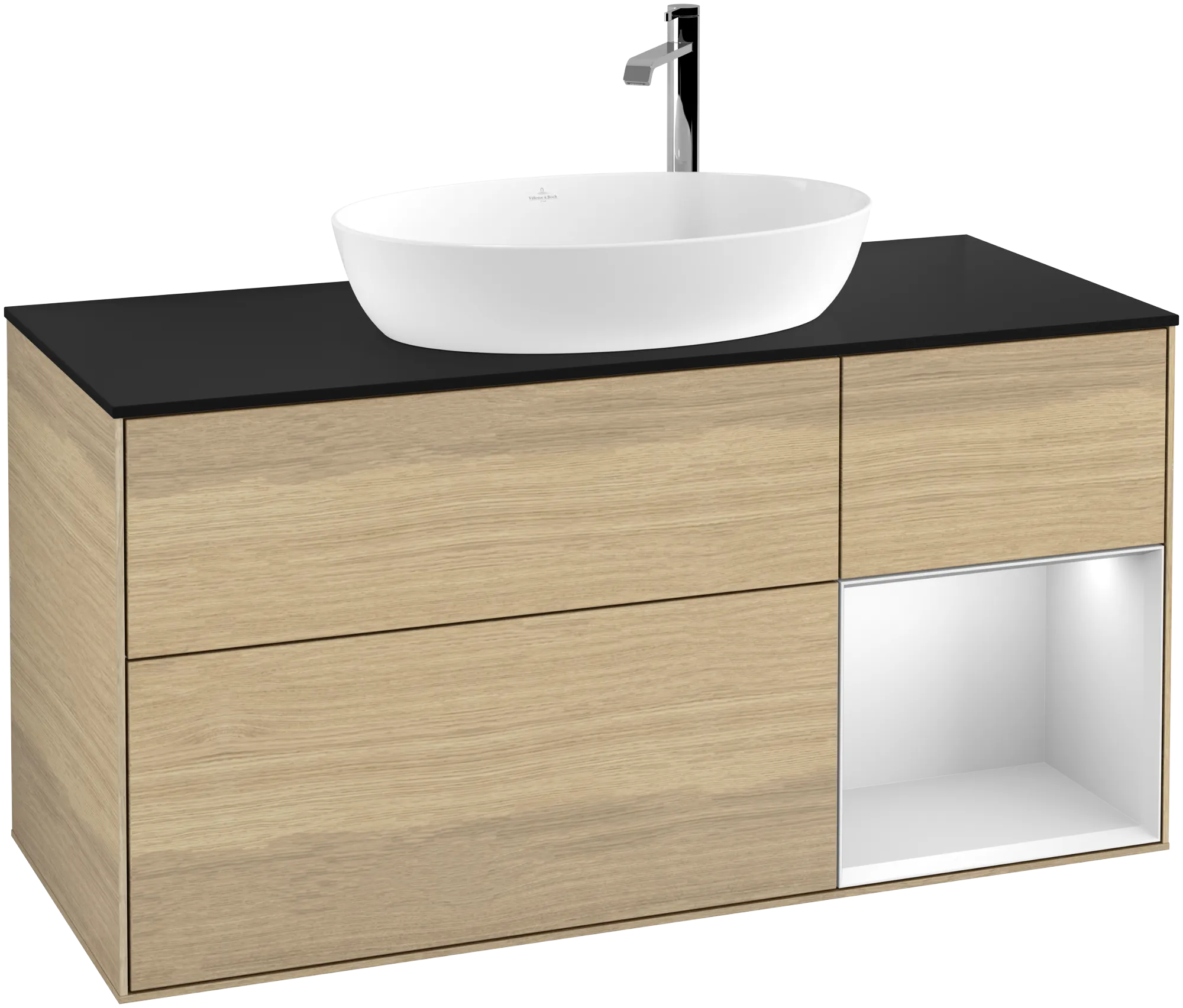 Bild von VILLEROY BOCH Finion Waschbeckenunterschrank, mit Beleuchtung, 3 Auszüge, 1200 x 603 x 501 mm, Oak Veneer / White Matt Lacquer / Glass Black Matt #G952MTPC