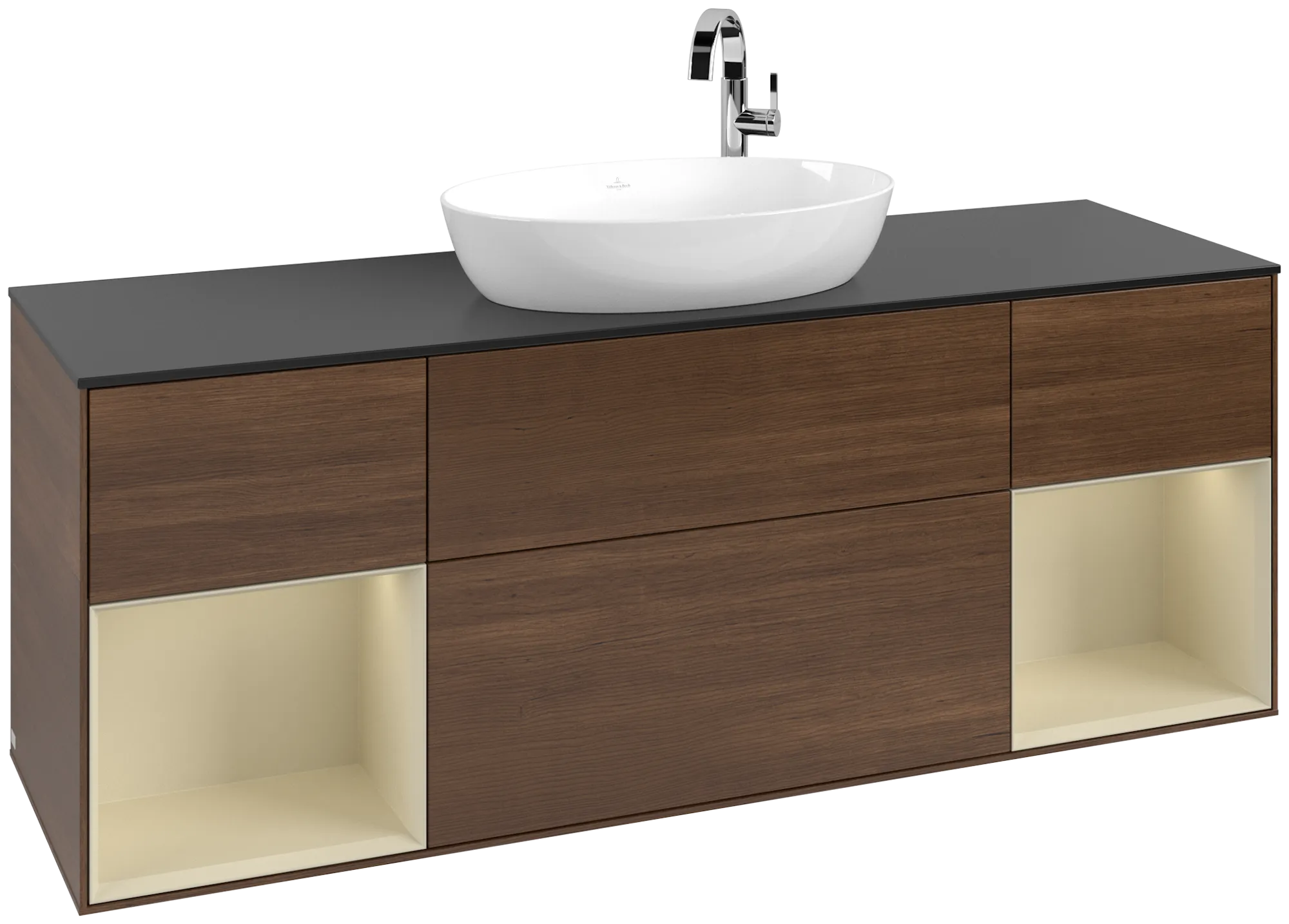 Bild von VILLEROY BOCH Finion Waschbeckenunterschrank, mit Beleuchtung, 4 Auszüge, 1600 x 603 x 501 mm, Walnut Veneer / Silk Grey Matt Lacquer / Glass Black Matt #G982HJGN