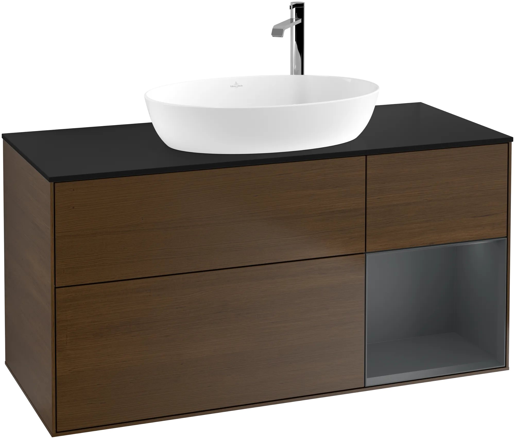 Bild von VILLEROY BOCH Finion Waschbeckenunterschrank, mit Beleuchtung, 3 Auszüge, 1200 x 603 x 501 mm, Walnut Veneer / Midnight Blue Matt Lacquer / Glass Black Matt #G952HGGN