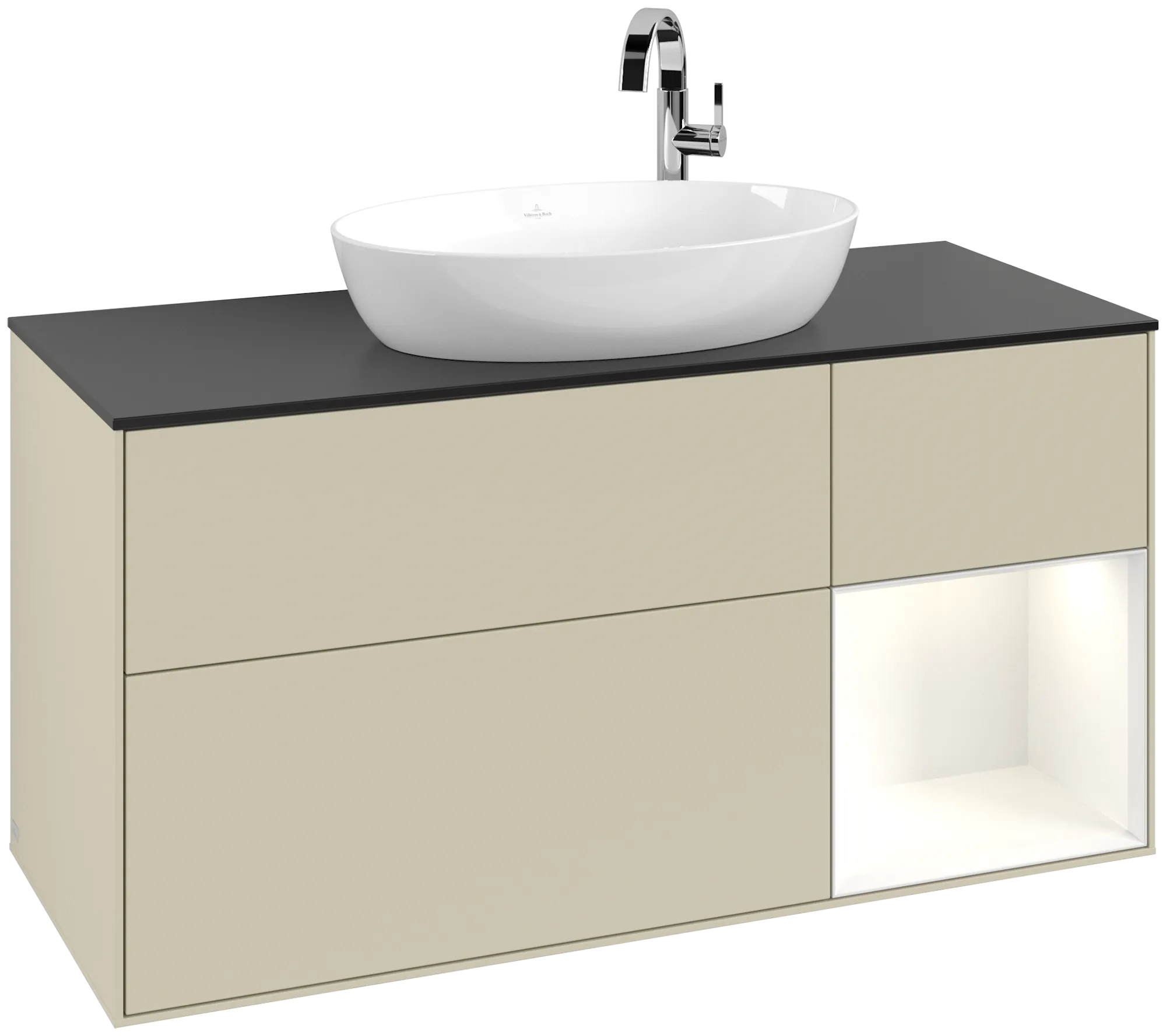 Bild von VILLEROY BOCH Finion Waschbeckenunterschrank, mit Beleuchtung, 3 Auszüge, 1200 x 603 x 501 mm, Silk Grey Matt Lacquer / Glossy White Lacquer / Glass Black Matt #G952GFHJ