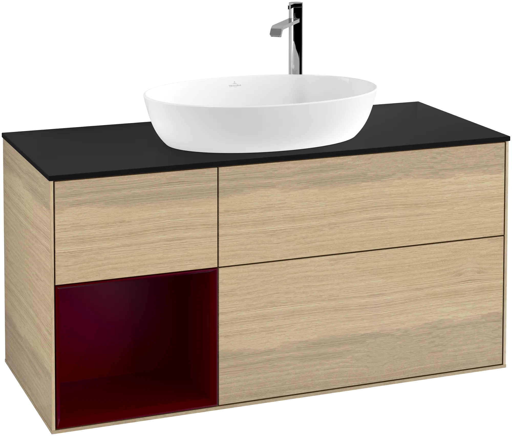 Bild von VILLEROY BOCH Finion Waschbeckenunterschrank, mit Beleuchtung, 3 Auszüge, 1200 x 603 x 501 mm, Oak Veneer / Peony Matt Lacquer / Glass Black Matt #G942HBPC