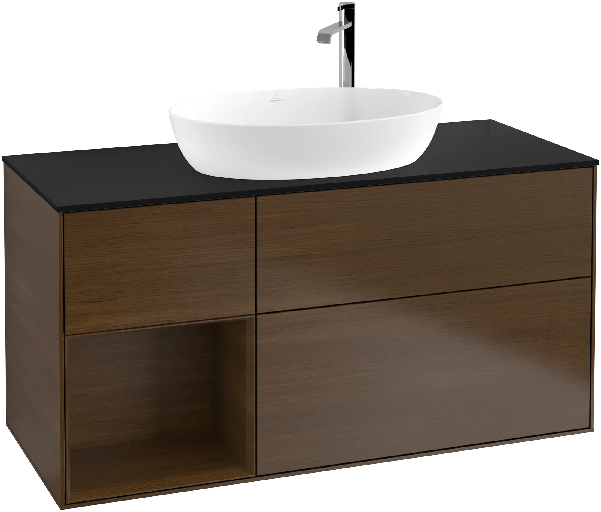 Obrázek VILLEROY BOCH Finion Vanity unit, with lighting, 3 pull-out compartments, 1200 x 603 x 501 mm, Walnut Veneer / Walnut Veneer / Glass Black Matt #G942GNGN