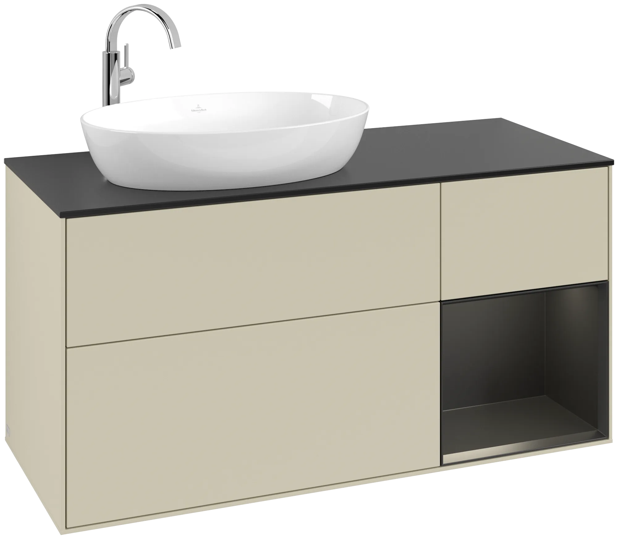 Picture of VILLEROY BOCH Finion Vanity unit, with lighting, 3 pull-out compartments, 1200 x 603 x 501 mm, Silk Grey Matt Lacquer / Black Matt Lacquer / Glass Black Matt #G932PDHJ