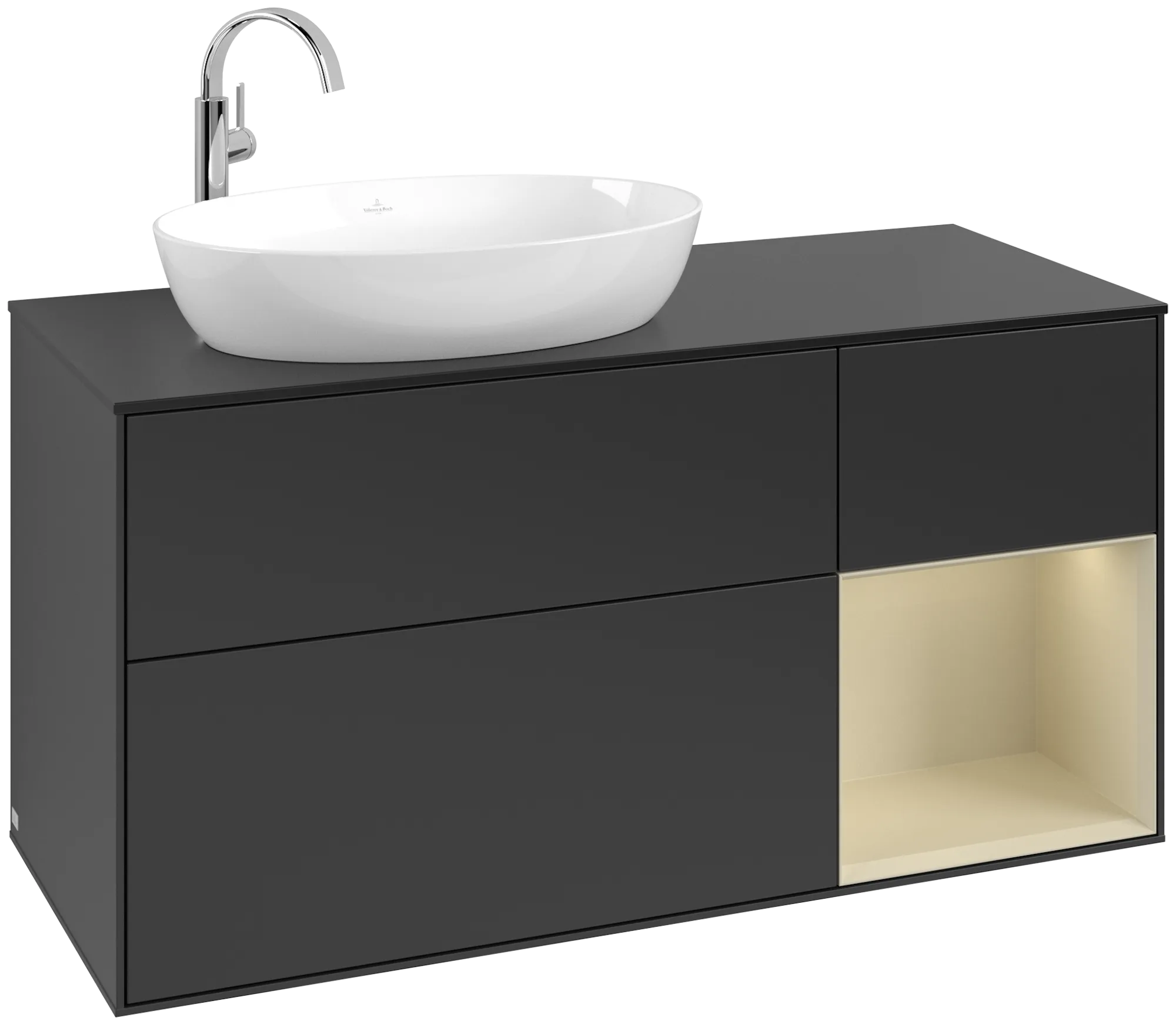 Bild von VILLEROY BOCH Finion Waschbeckenunterschrank, mit Beleuchtung, 3 Auszüge, 1200 x 603 x 501 mm, Black Matt Lacquer / Silk Grey Matt Lacquer / Glass Black Matt #G932HJPD