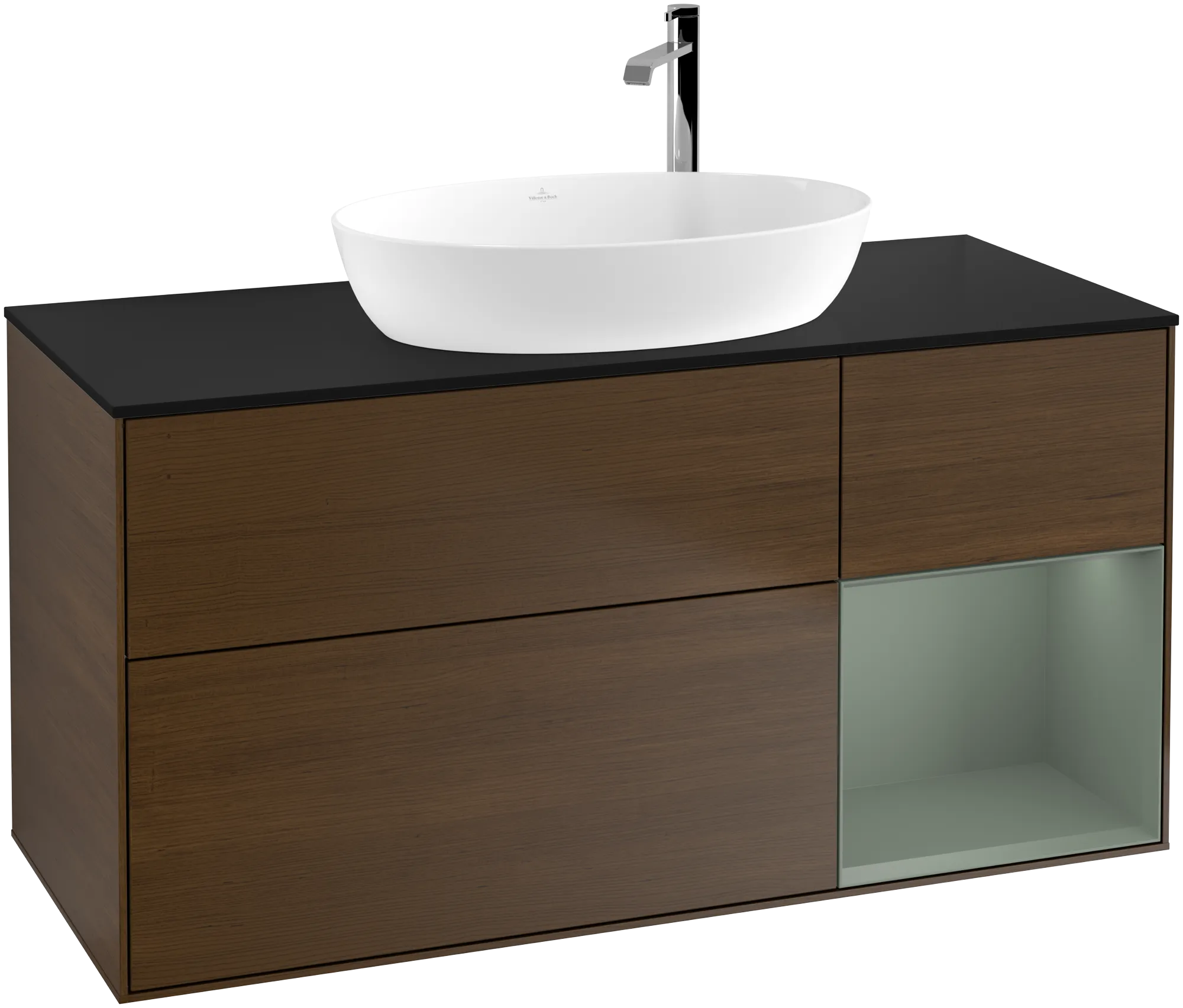 Bild von VILLEROY BOCH Finion Waschbeckenunterschrank, mit Beleuchtung, 3 Auszüge, 1200 x 603 x 501 mm, Walnut Veneer / Olive Matt Lacquer / Glass Black Matt #G952GMGN