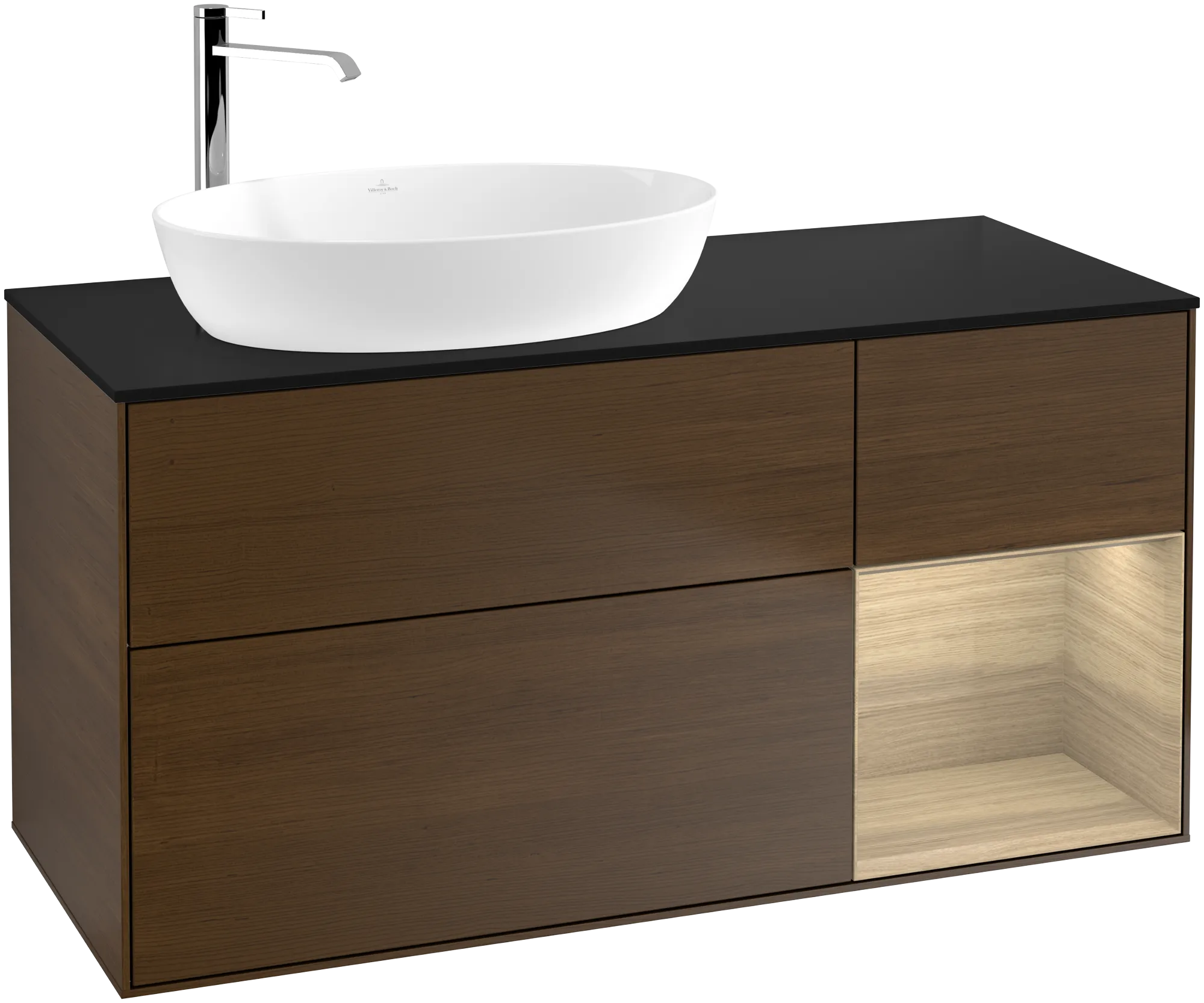 Bild von VILLEROY BOCH Finion Waschbeckenunterschrank, mit Beleuchtung, 3 Auszüge, 1200 x 603 x 501 mm, Walnut Veneer / Oak Veneer / Glass Black Matt #G932PCGN