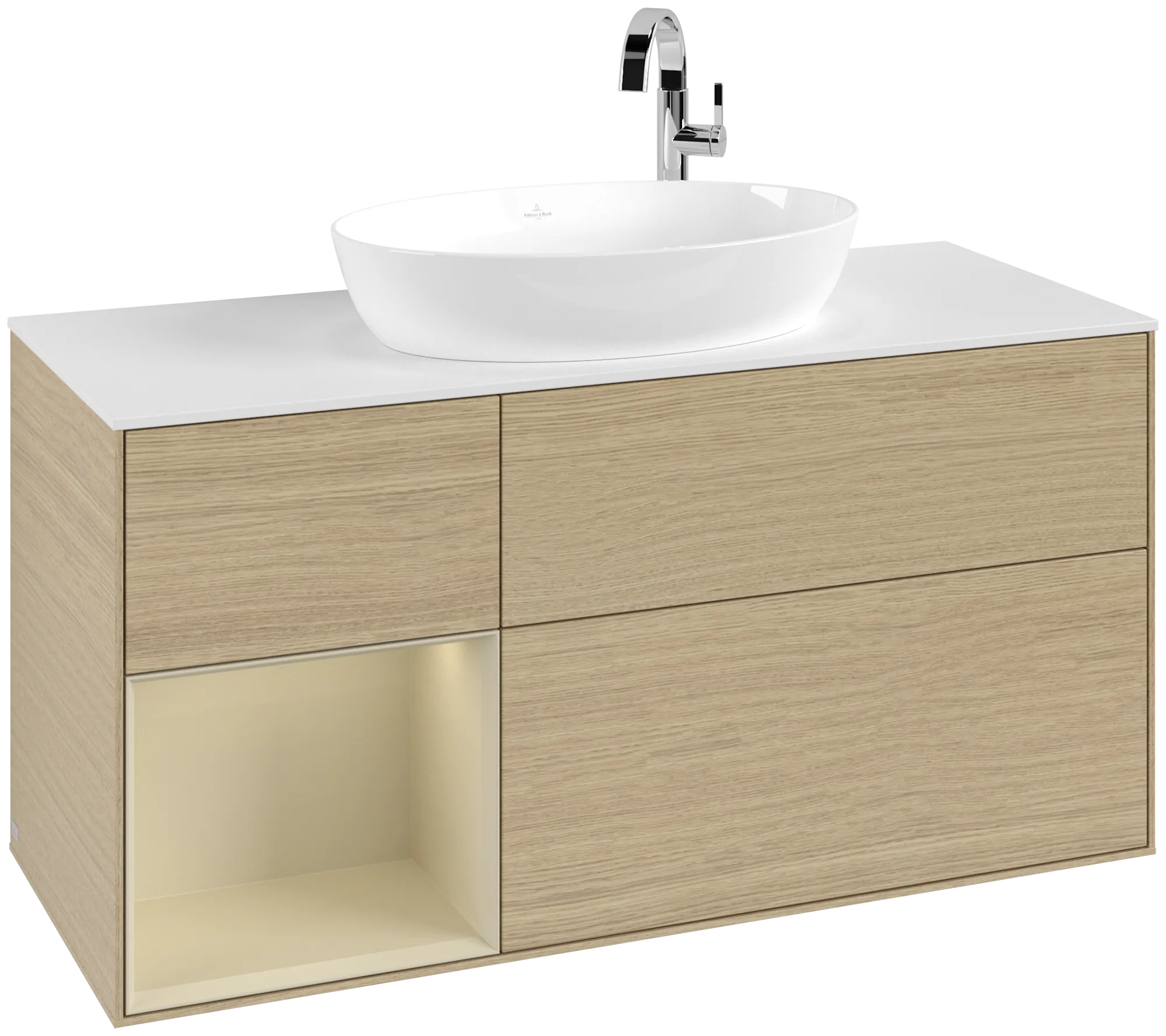 Bild von VILLEROY BOCH Finion Waschbeckenunterschrank, mit Beleuchtung, 3 Auszüge, 1200 x 603 x 501 mm, Oak Veneer / Silk Grey Matt Lacquer / Glass White Matt #G941HJPC