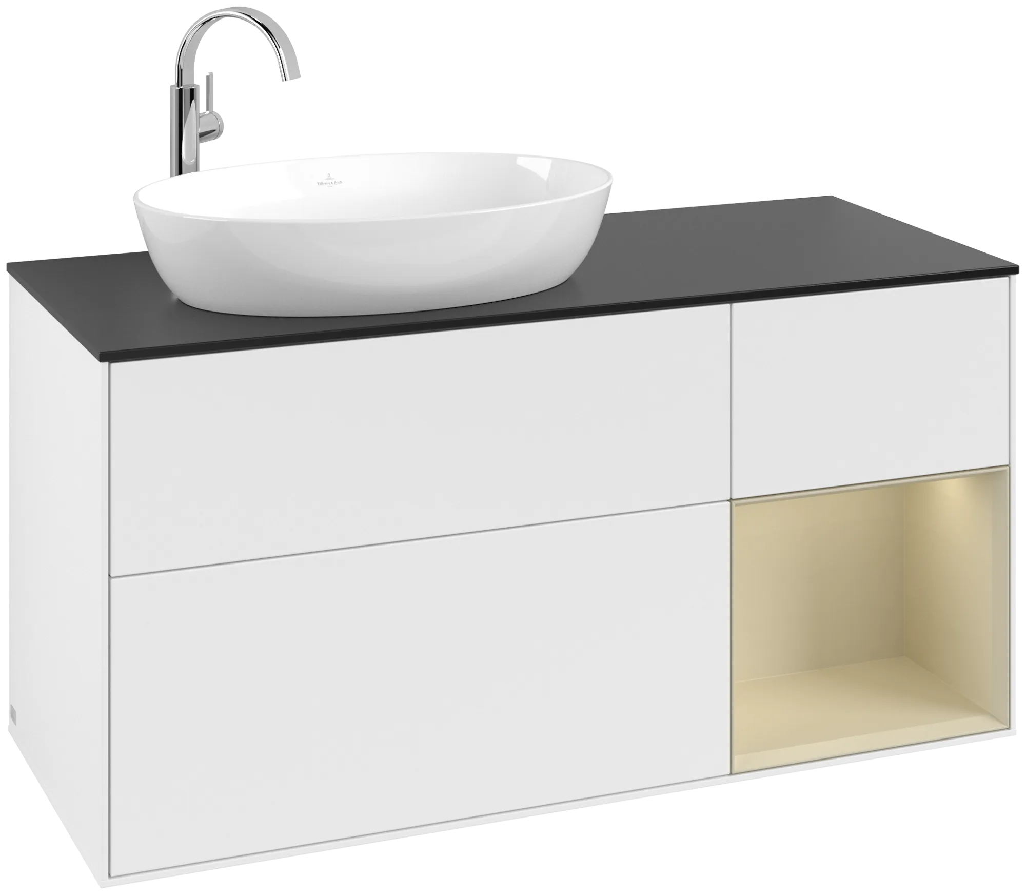 Bild von VILLEROY BOCH Finion Waschbeckenunterschrank, mit Beleuchtung, 3 Auszüge, 1200 x 603 x 501 mm, White Matt Lacquer / Silk Grey Matt Lacquer / Glass Black Matt #G932HJMT