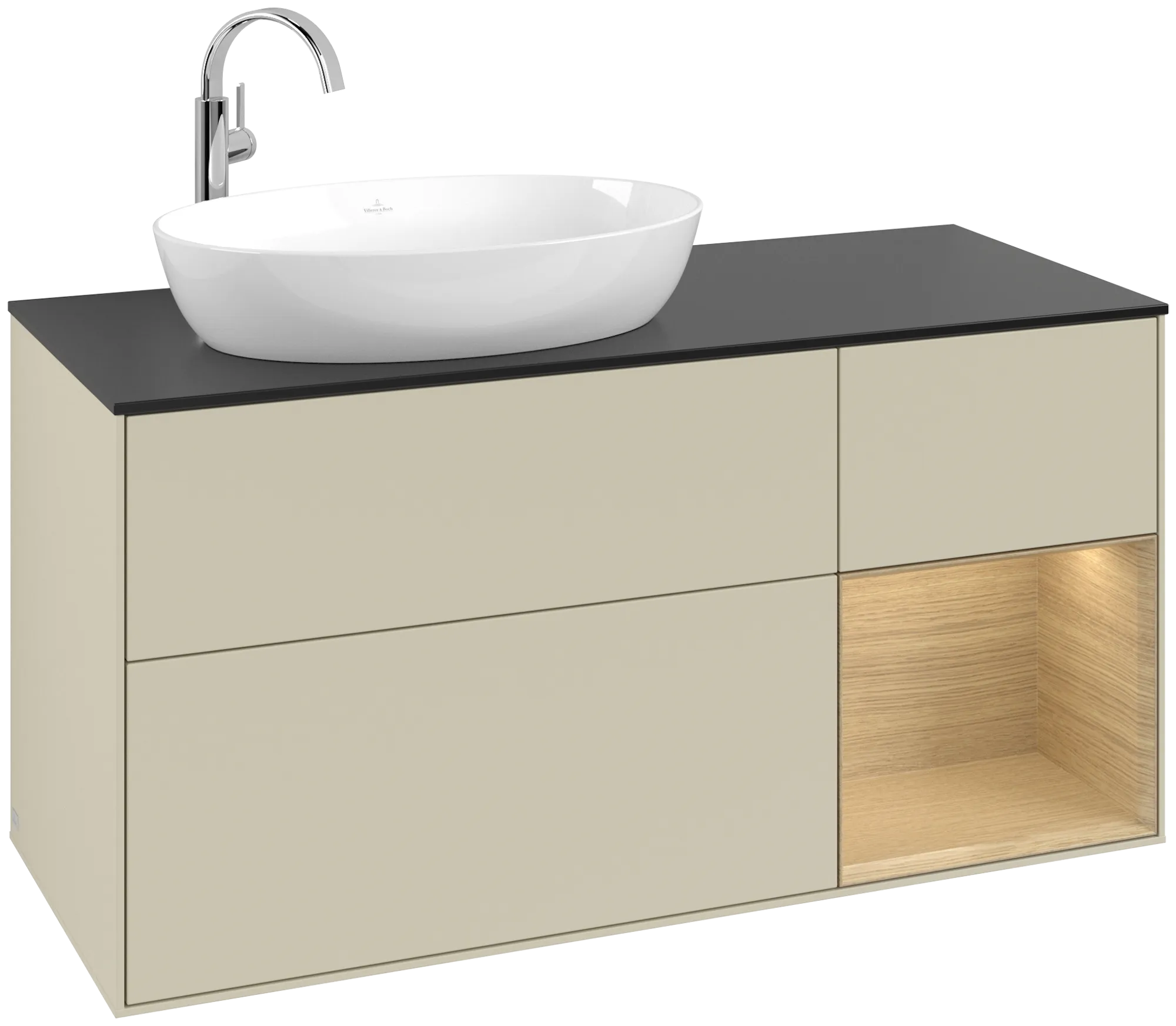 Bild von VILLEROY BOCH Finion Waschbeckenunterschrank, mit Beleuchtung, 3 Auszüge, 1200 x 603 x 501 mm, Silk Grey Matt Lacquer / Oak Veneer / Glass Black Matt #G932PCHJ