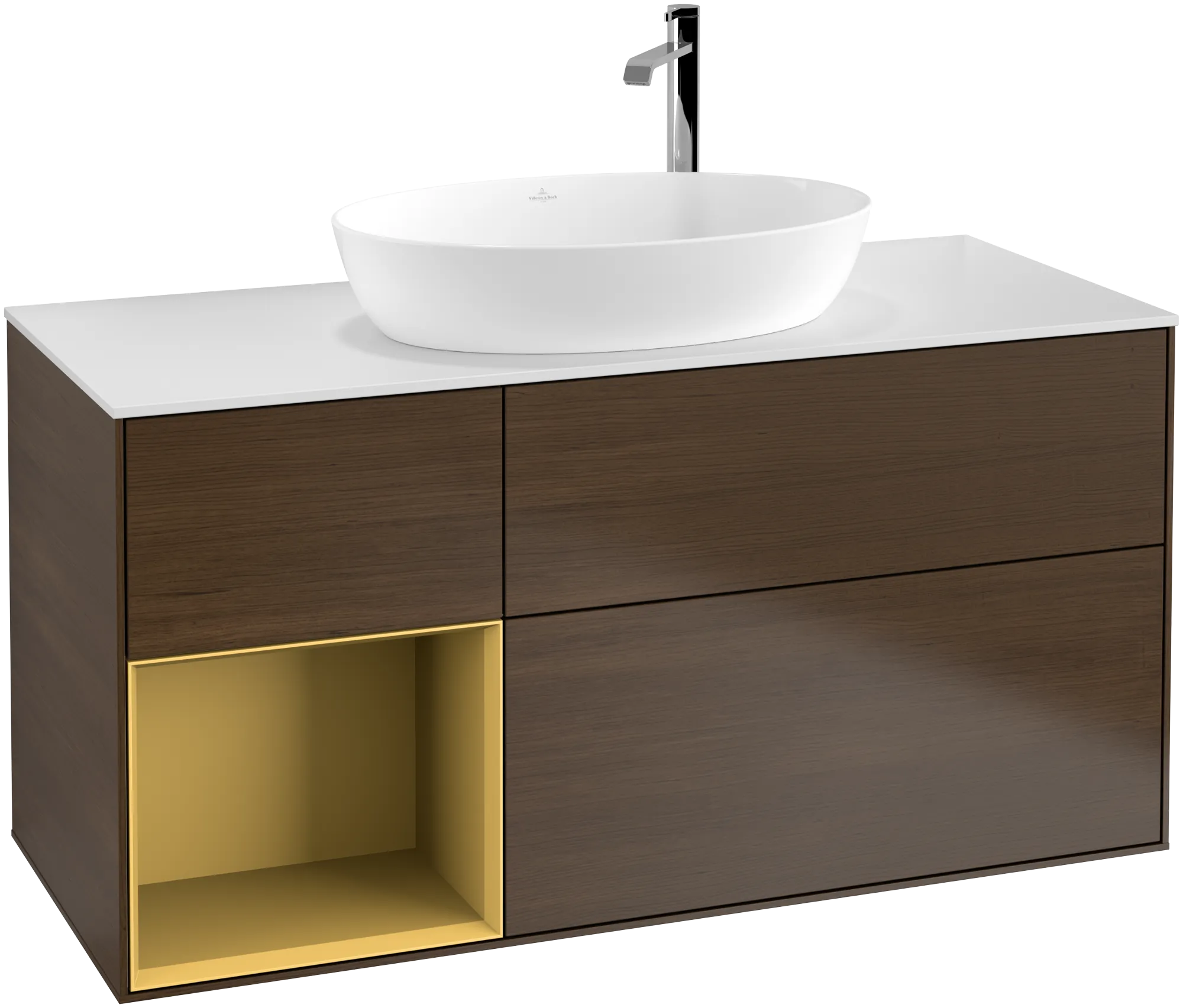 Bild von VILLEROY BOCH Finion Waschbeckenunterschrank, mit Beleuchtung, 3 Auszüge, 1200 x 603 x 501 mm, Walnut Veneer / Gold Matt Lacquer / Glass White Matt #G941HFGN