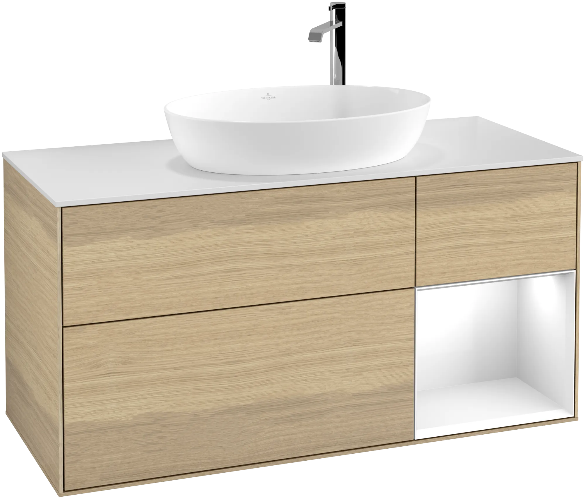 Bild von VILLEROY BOCH Finion Waschbeckenunterschrank, mit Beleuchtung, 3 Auszüge, 1200 x 603 x 501 mm, Oak Veneer / Glossy White Lacquer / Glass White Matt #G951GFPC