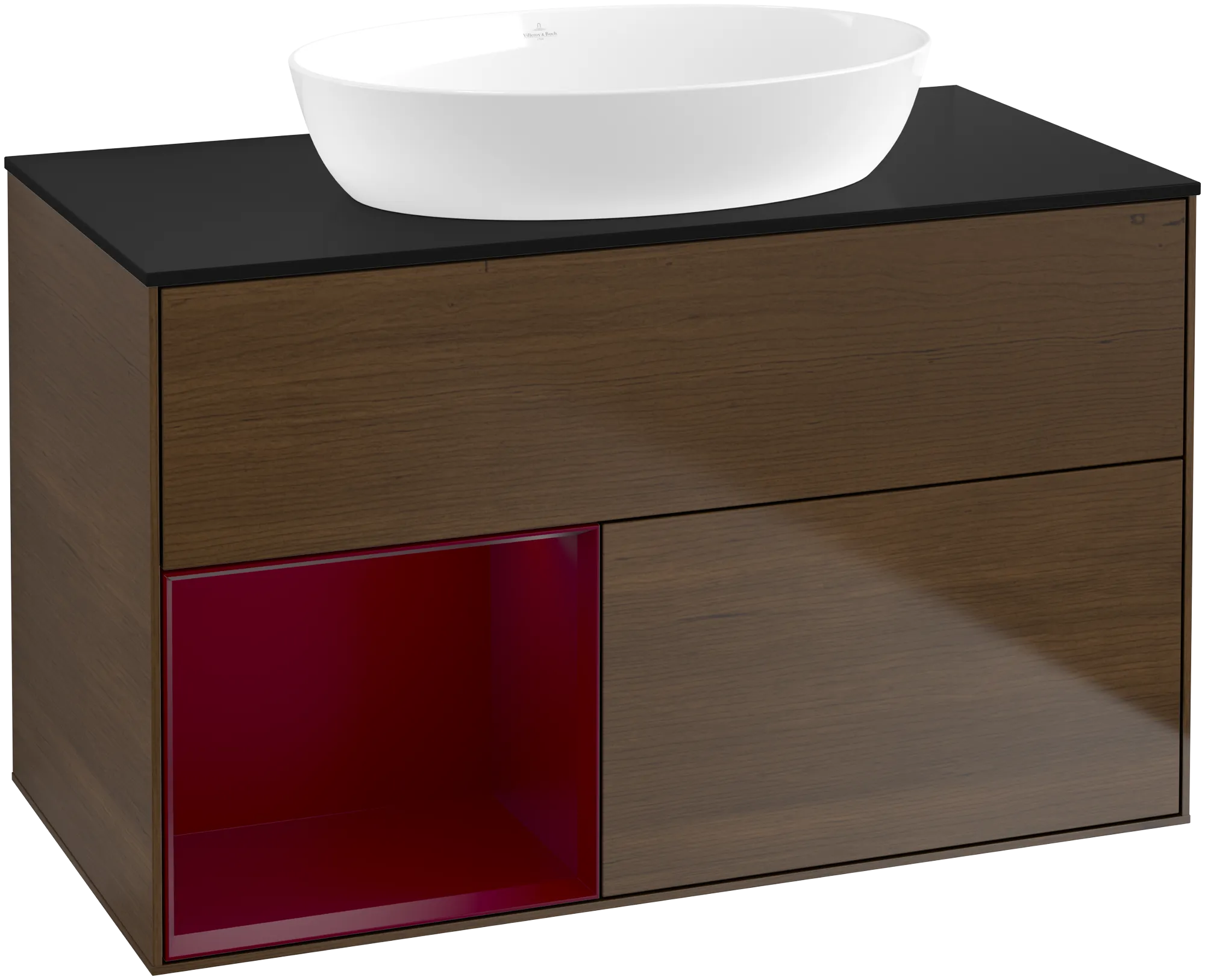 Bild von VILLEROY BOCH Finion Waschbeckenunterschrank, mit Beleuchtung, 2 Auszüge, 1000 x 603 x 501 mm, Walnut Veneer / Peony Matt Lacquer / Glass Black Matt #GA12HBGN