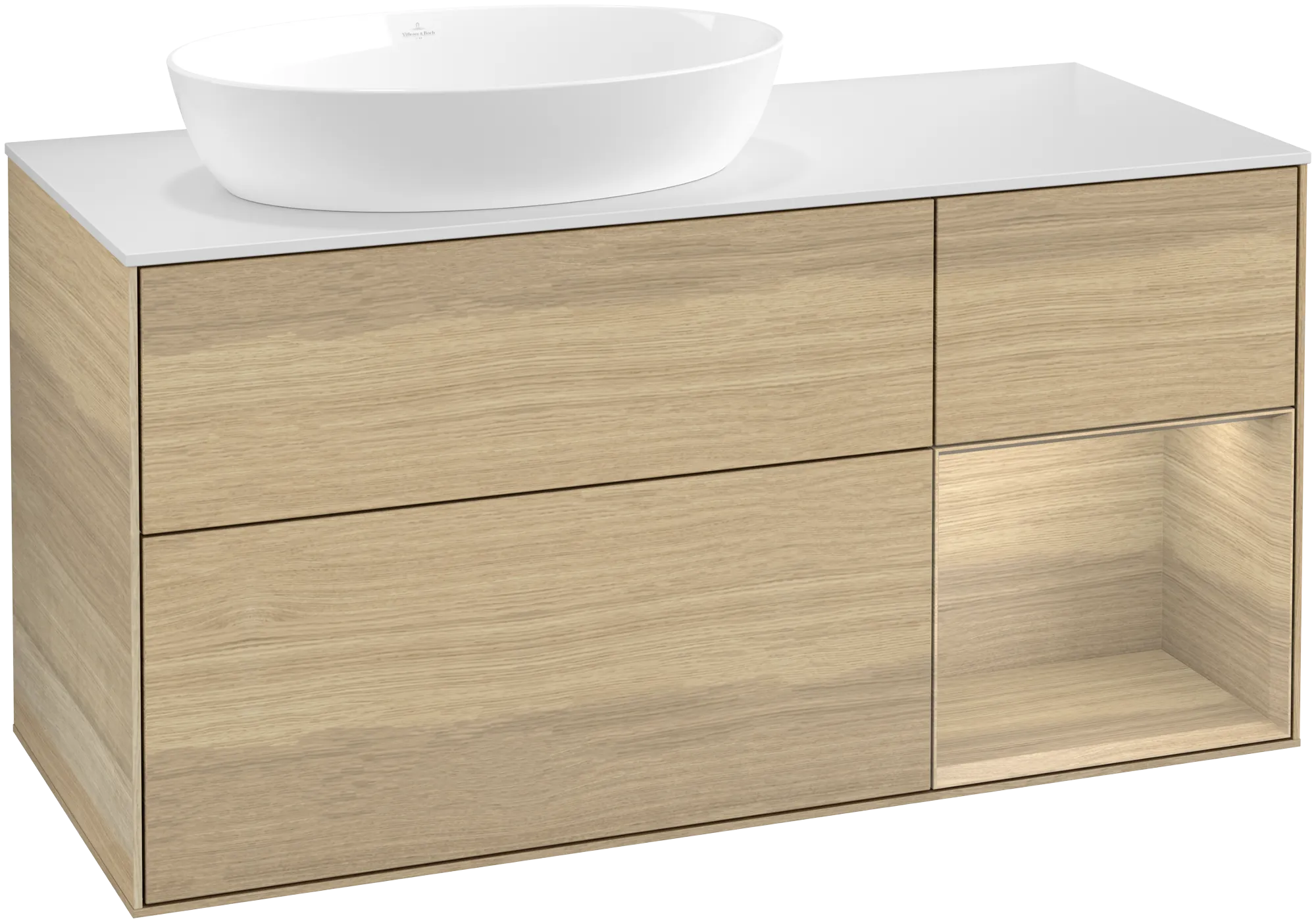 Bild von VILLEROY BOCH Finion Waschbeckenunterschrank, mit Beleuchtung, 3 Auszüge, 1200 x 603 x 501 mm, Oak Veneer / Oak Veneer / Glass White Matt #GA51PCPC