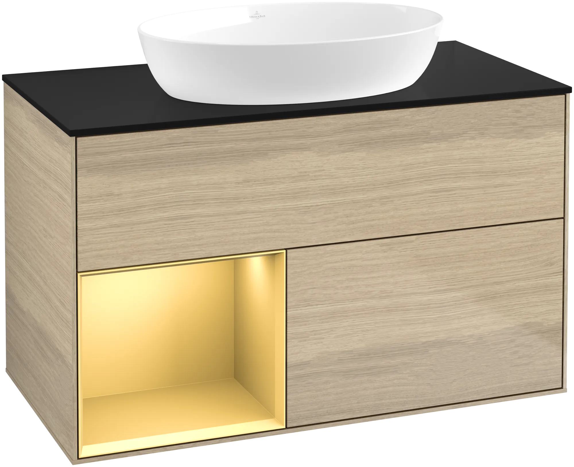 Bild von VILLEROY BOCH Finion Waschbeckenunterschrank, mit Beleuchtung, 2 Auszüge, 1000 x 603 x 501 mm, Oak Veneer / Gold Matt Lacquer / Glass Black Matt #GA12HFPC